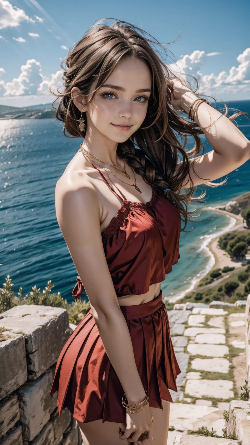 25-year-old Caucasian woman、Hair color is brunette、blue eyes、long hair、my hair is wavy、Hair is tied up、smile、Slender but well-proportioned feminine body、wearing red nail polish、wearing a camisole、I&#39;m wearing a mini-length pleated skirt、Wearing accessories on your wrist、wearing a chain necklace、I&#39;m on a hill above the city overlooking the Aegean coast.、smile、I hold my hair as it blows in the wind