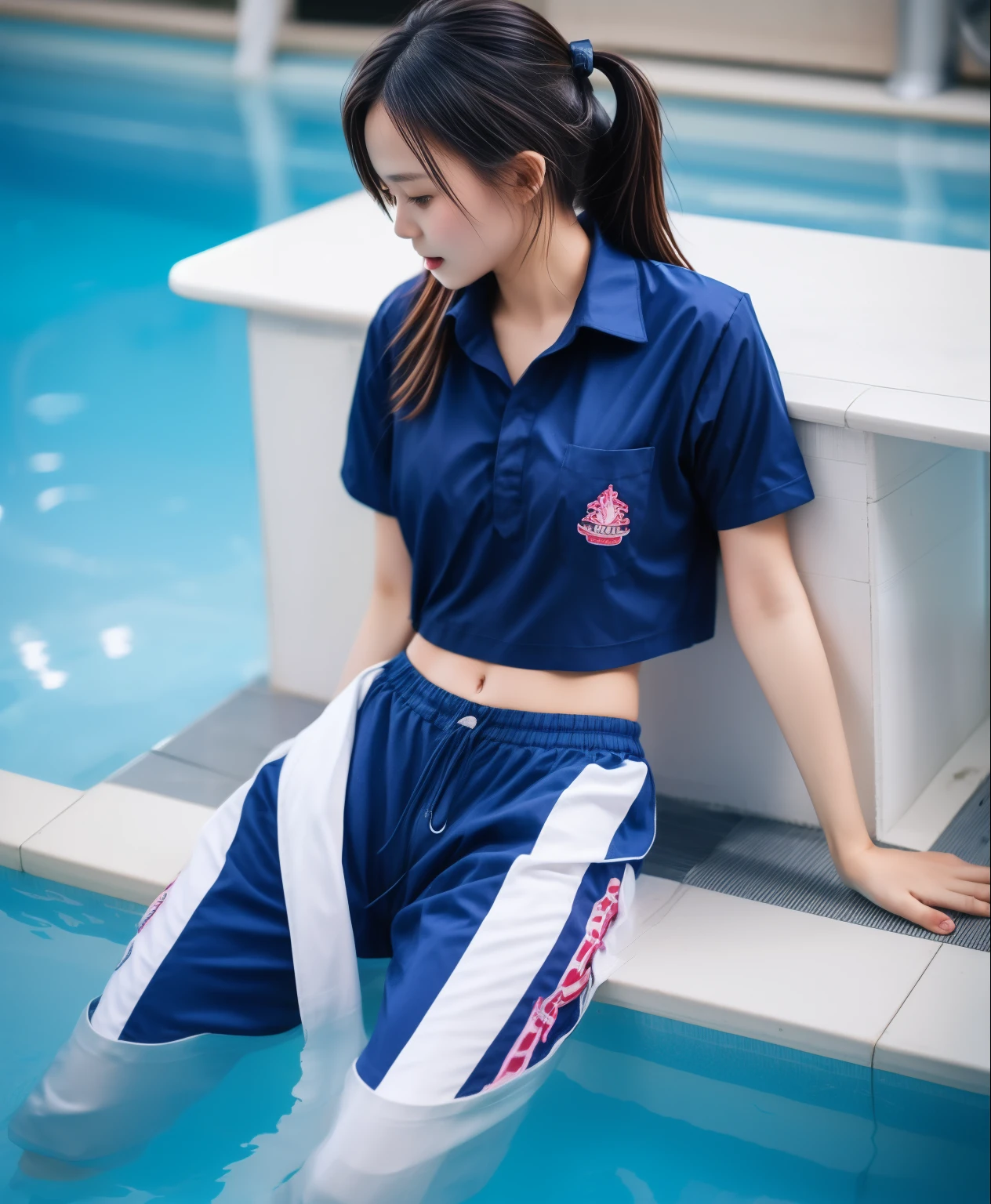 3 girls in the swimming pool, Navy blue short-sleeved shirt,Navy Long Trackpant,Sweatpants, Sweatpantsขายาว,25 year old girl, lesbian, sexy, exercise clothes, wet body, exercise clothes