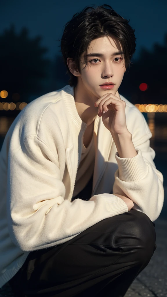 best quality, masterpiece, ultra high resolution, (realistic:1.4), RAW photos, young handsome man. black hair, (night city background:1.2). Short-haired man, there are people around. summer, Korean male idol style.