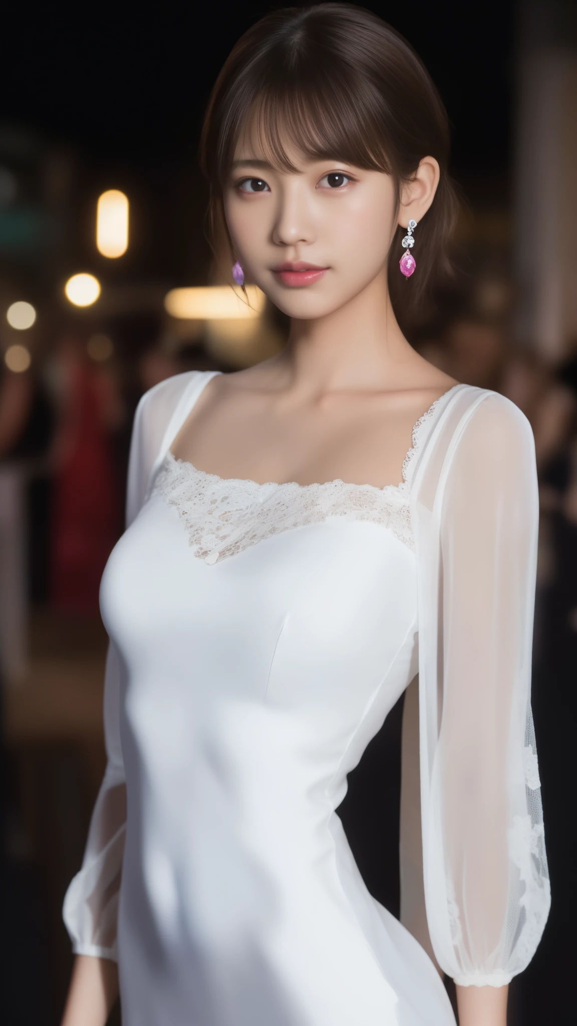 8K, table top, RAW photo, highest quality, realistic, Highly detailed CG Unity 8K wallpaper, Depth of bounds written, cinematic light, Lens flare, ray tracing, (very beautiful face, beautiful lips, beautiful eyes), face with intricate details, ((super dense skin)) 1 girl, in the dark, deep shadow, cute korean girl, Flashy makeup with red eyeshadow，her shortcut, Delicate light brown hair is slightly disheveled with side waves.，wearing large ring earrings，K-POP idol, 1 girl, (very slim and slender fit muscular body:1.3), ((looking at the viewer)),(big smile:1.3), (magenta and black blouse), (sleeve fashion city night, dark night, (neon sign), (blurred background), fashion street night),(no people in the background:1.3), beautiful earrings, bracelet, necklace, pantyhose, clear eyes, walk, (white skin), (big eye ace forward, ((upper body shot)), ((silk color dresses:1.3)),(brown hair),((tight fit lace dress)), (See through), (looking at the viewer:1.3) open chest, very slim, medium breasts, backtracking,((buckshot)), See through, Medium Butt, mini skirt:1.5，updo hair, From above:1.5，The lines of the full back pants are transparent:1.4，