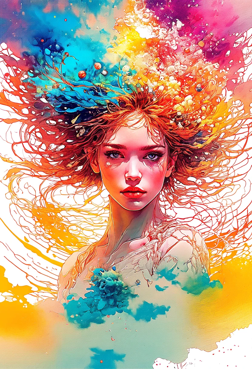 strong warrior princess, centered, key visual, intricate, highly detailed, breathtaking beauty, precise lineart, vibrant, comprehensive cinematic, Carne Griffiths, Conrad Roset, (the most beautiful portrait in the world:1.5) Imagine the universe as a vast symphony of colors and shapes. Create an abstract representation of the cosmos, using swirling galaxies, nebulae, and celestial bodies to evoke a sense of wonder and awe. Incorporates a blend of watercolor and , maximalism artstyle, geometric artstyle) Incorporate vibrant colors, dynamic brushstrokes, and intriguing textures to capture the essence of the subject's inner world, capturing a surrealist vision, Perfect centralization, Um caozinho bonito ruivo por toda parte, Usa uma jaqueta,