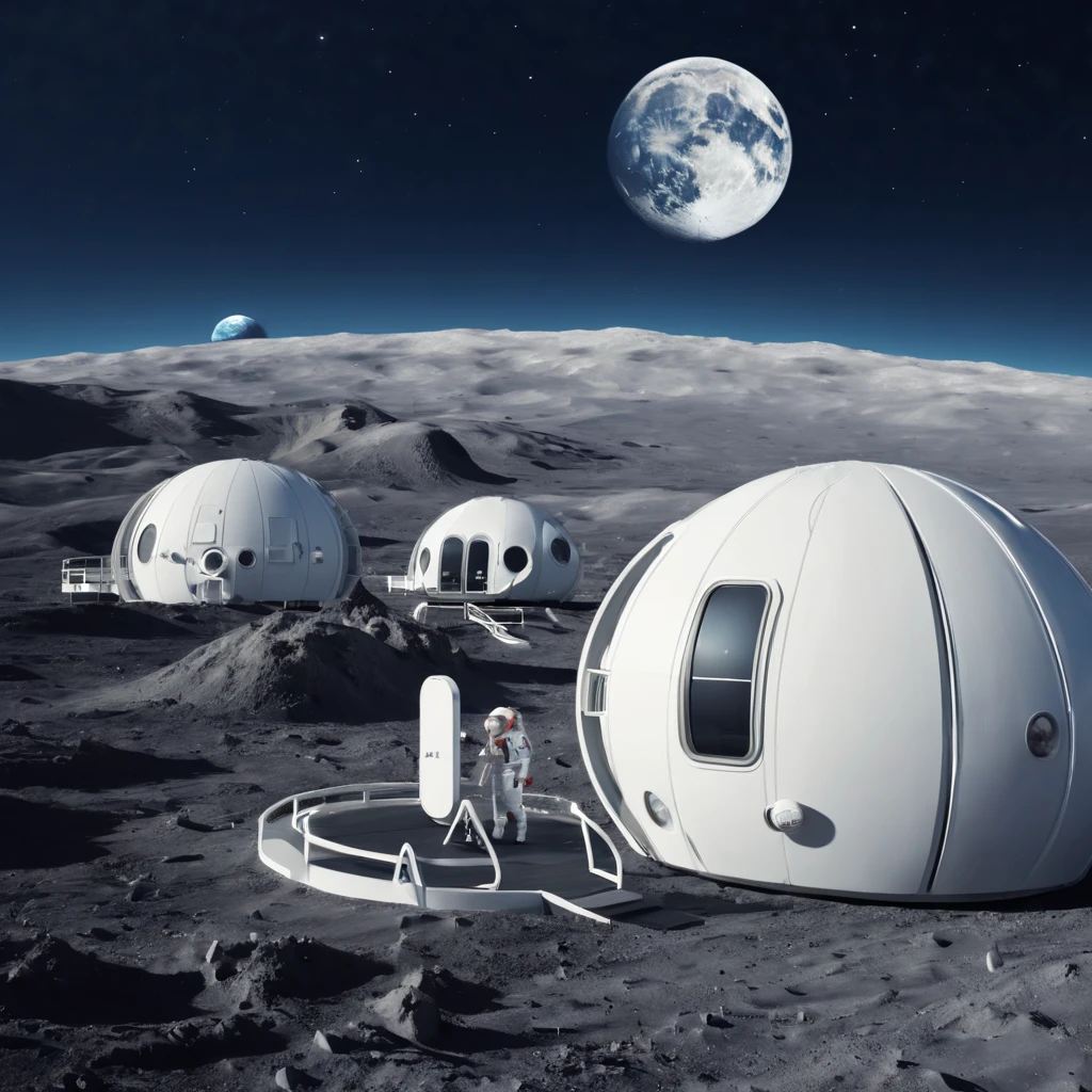 capsuled resort in the moon, the planet earth in the background of the photo