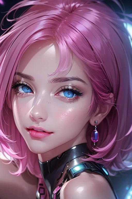 beatiful women, eyes blue, expressive eyes, looking at viewer, long sleeves, necklace, sexi smile, short pink hair, pretty face, latina facial features, medium breasts, digital illustration, comic style, cyberpunk