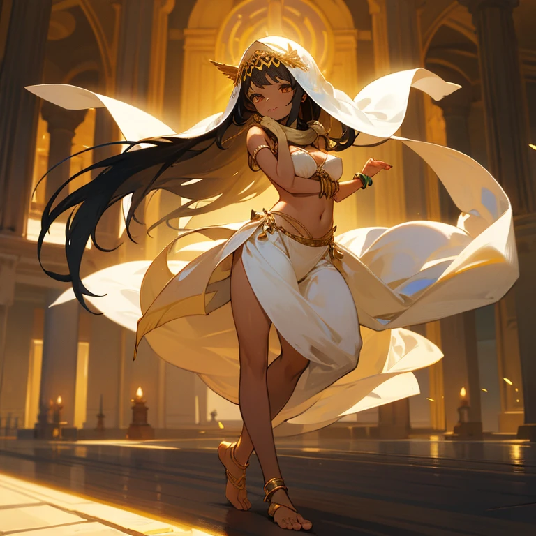 、harem、Young girl dancing wearing a white bikini、long black hair、wheat-colored skin、barefoot、anklet、bracelet、palace、lots of western lights、scarf、(Face Veil)