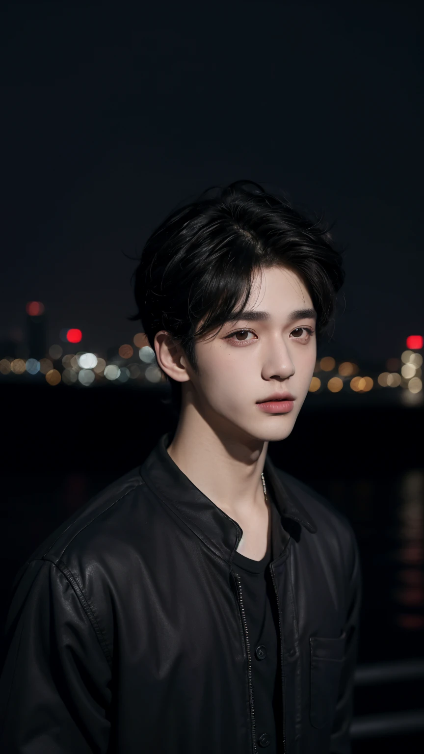 best quality, masterpiece, ultra high resolution, (realistic:1.4), RAW photos, young handsome man. black hair, (night city background:1.2). Short hair 남자, there are people around. summer, Korean male idol style. Short hair, 