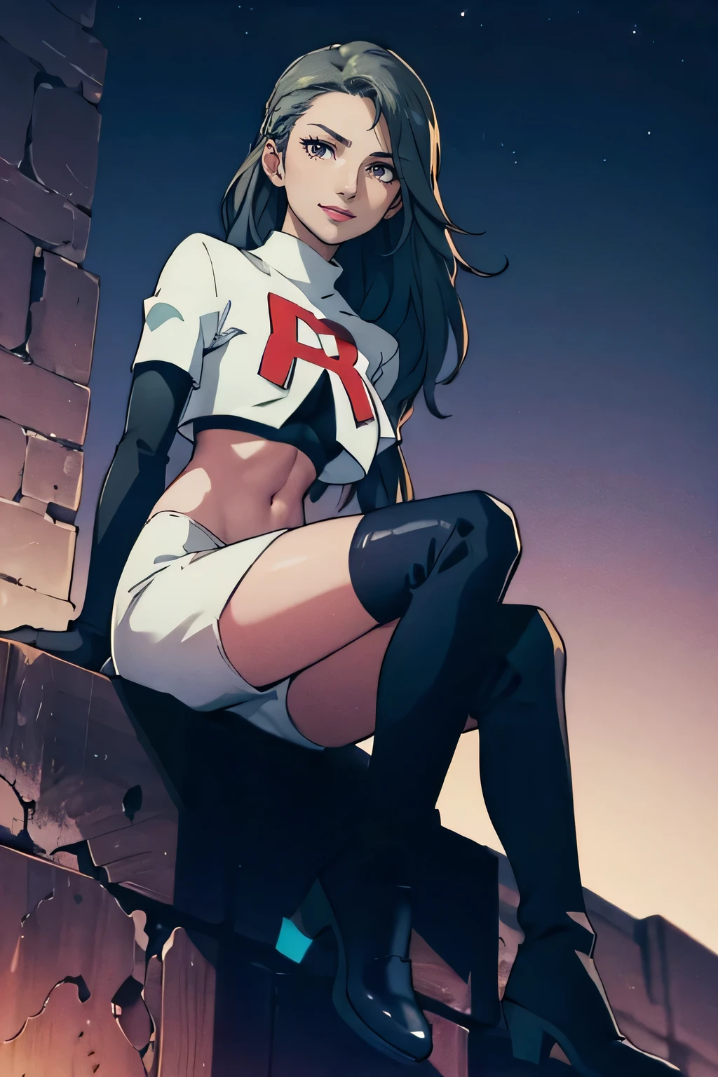 saep5 ,glossy lips ,team rocket uniform, red letter R, white skirt,white crop top,black thigh-high boots, black elbow gloves, evil smile, sitting down, looking down on viewer ,legs crossed, night sky background