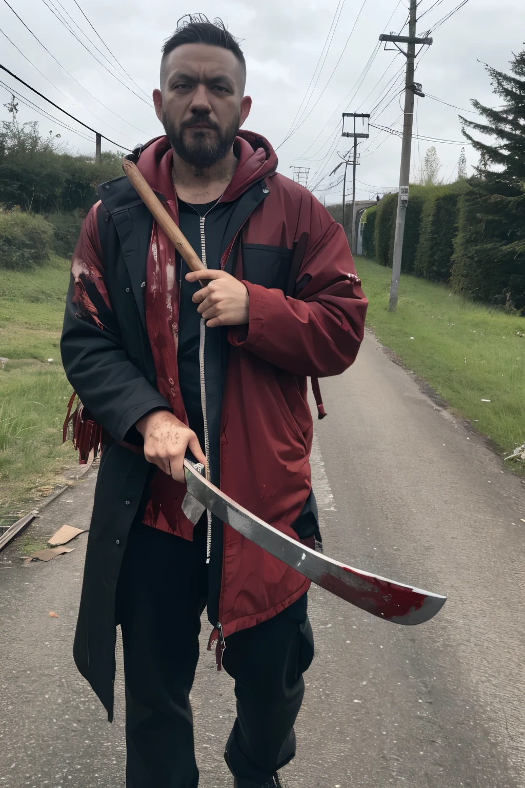photo of a bizarre murderer, bloody, Have an ax
