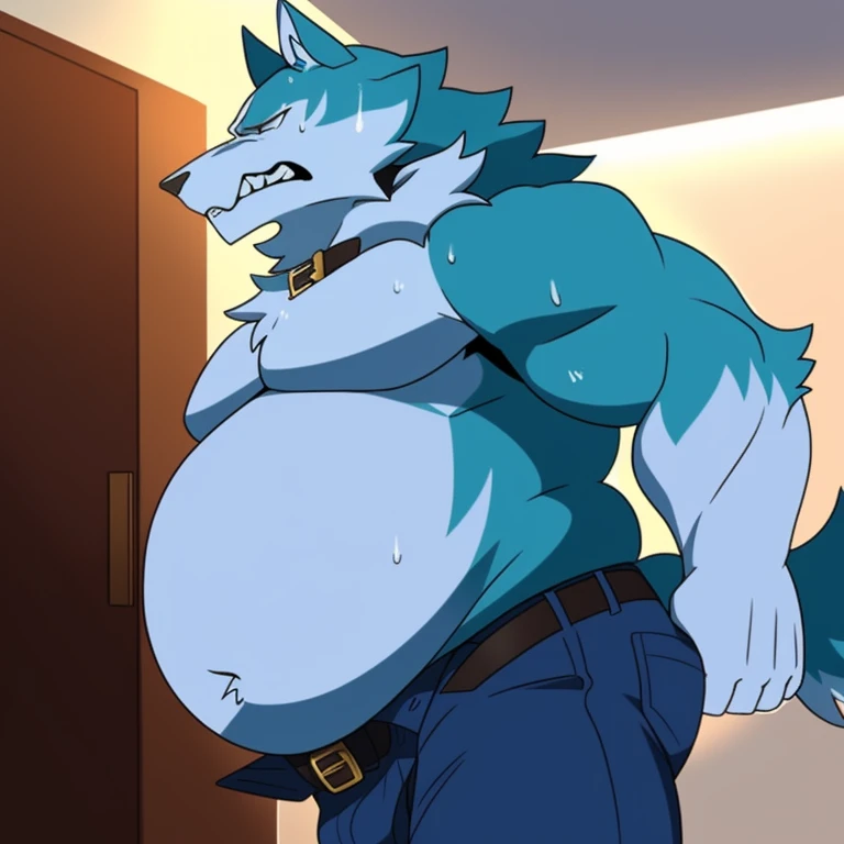 Male, solo, anthro, dog, Bandit heeler, bluey, older male, worried expression, panic, scared expression, nervous, blue fur, bedroom, (naked) detailed lighting, looking down at belly, brown chest tuft, ruffled fur, musclegut, belly, focus on belly, belly grab, both hands on belly, weight gain, (overweight:2.0), muscular arms, attractive, (bare chest), (detailed male genitals), snout, long snout, teeth, perfect eyes, mature male, father figure, dilf, daddy, fangs, wide waist, broad shoulders, strong thighs, white teeth, detailed hands, naked, big penis, massive penis, dick, cock, (fully-erect), dramatic lighting, standing, (detailed erection)  