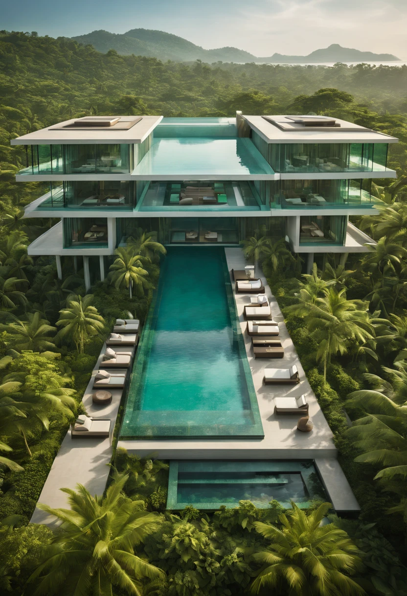 ((modern, minimalism resort)), glass resort, fantastical, photography, bokeh, award-winning,  where luminescent edifices seamlessly meld with nature's tapestry, offering resplendent vistas of crystalline aqua and verdant landscapes. A symphony of avant-garde design harmonizes with indigenous allure, creating an ethereal haven where guests revel in opulent tranquility, cocooned in the embrace of unparalleled luxury. Timeless sophistication meets cutting-edge innovation, as the resort beckons discerning travelers to an uncharted realm of sublime indulgence.