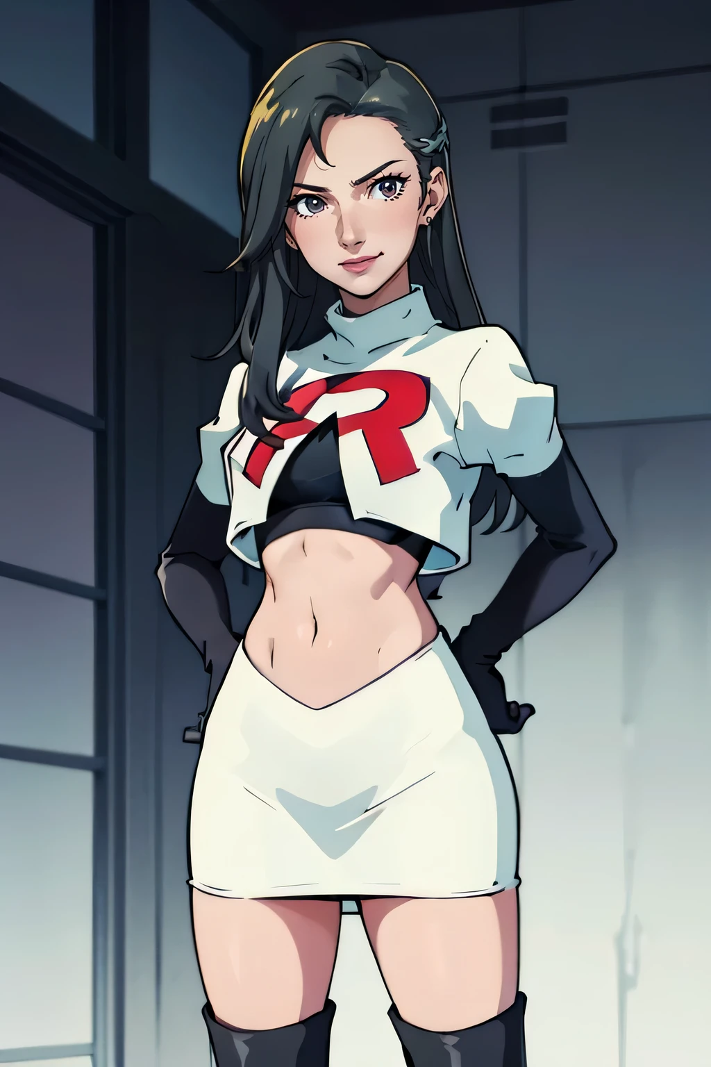 saep5 ,glossy lips ,team rocket uniform, red letter R, white skirt,white crop top,black thigh-high boots, black elbow gloves, evil smile, hands on hips