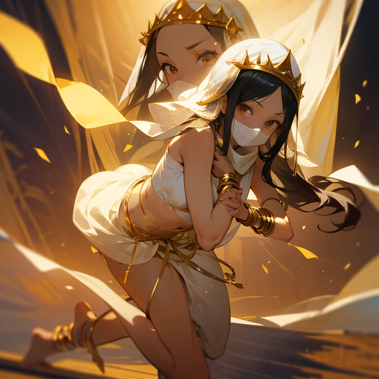 、harem、Young girl dancing wearing a white bikini、long black hair、wheat-colored skin、barefoot、anklet、bracelet、palace、lots of western lights、scarf、(Face Veil:1.4)