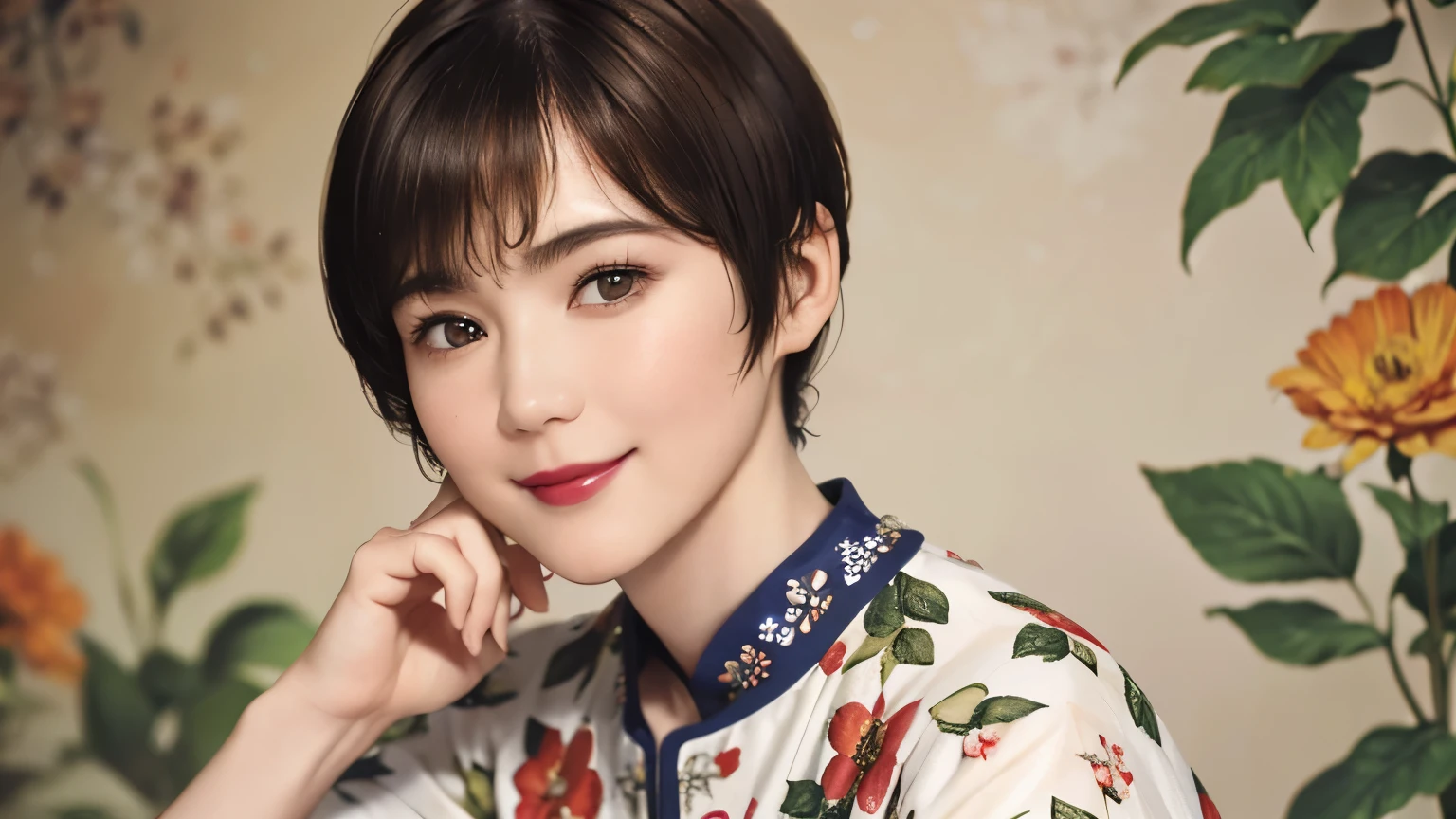 151
(20 year old woman,Floral clothing), (Super realistic), (high resolution), ((beautiful hairstyle 46)), ((short hair:1.46)), (gentle smile), (brest:1.1), (lipstick)