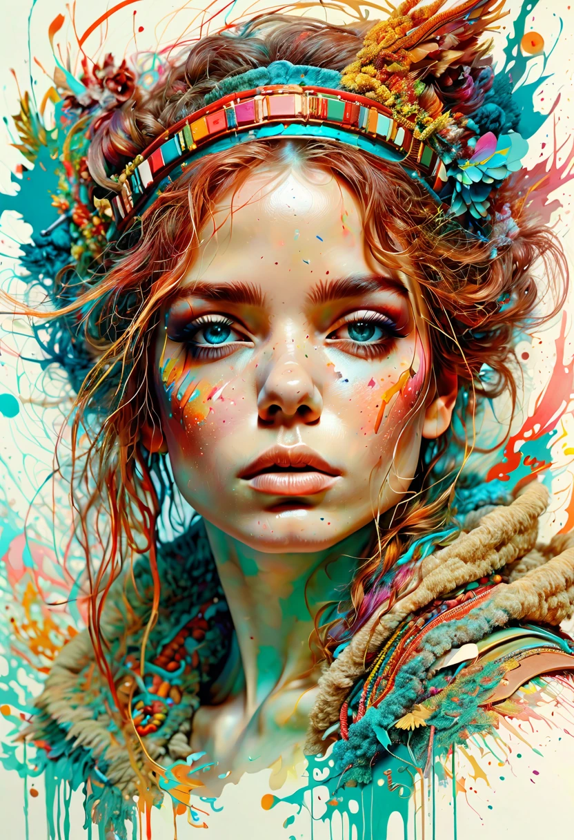 strong warrior princess, centered, key visual, intricate, highly detailed, breathtaking beauty, precise lineart, vibrant, comprehensive cinematic, Carne Griffiths, Conrad Roset, (the most beautiful portrait in the world:1.5) Imagine the universe as a vast symphony of colors and shapes. Create an abstract representation of the cosmos, using swirling galaxies, nebulae, and celestial bodies to evoke a sense of wonder and awe. Incorporates a blend of watercolor and , maximalism artstyle, geometric artstyle) Incorporate vibrant colors, dynamic brushstrokes, and intriguing textures to capture the essence of the subject's inner world, capturing a surrealist vision, Perfect centralization, Um caozinho bonito ruivo por toda parte, Usa uma jaqueta,