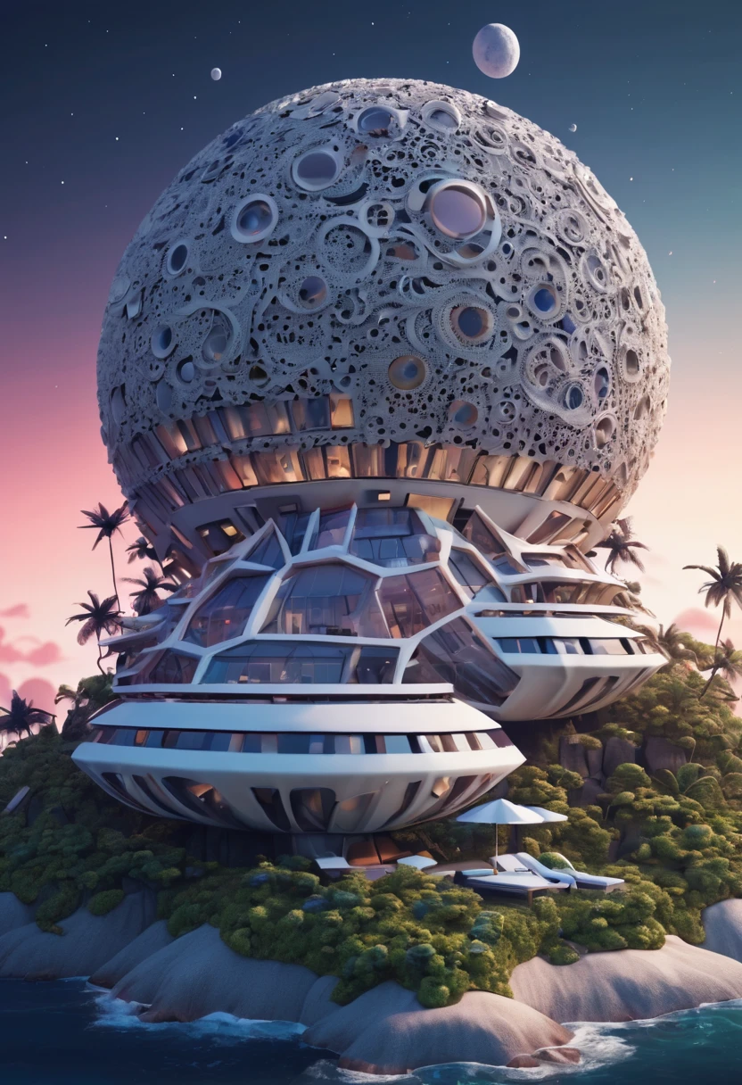 (best quality,4k,8k,highres,masterpiece:1.2),ultra-detailed, A capsuled modern hi-fi hotel-resort in the moon, zentangle, origami, cinematic, 3d crunch, by my self...lol