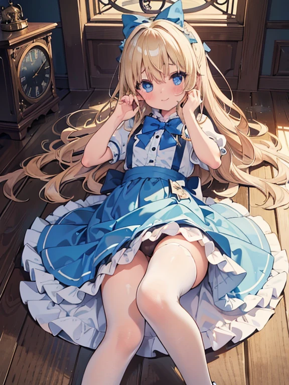 photo realistic, (masterpiece,best quality:1.4),(8k,raw photo,photo realistic:1.2), detailed skin, detailed face,ta,1girl,Japanese idol,cute face, Not Safe for Work, (raw photo, photo realistic: 1.2), 1girl in, length hair, (NO panty), (pussy), blue eyes, blonde hair, light smile, ((lying on back)),((shiny wavy hair)), diadems, jumping, A pose where can you be seen from below, doress, the bow, (clock, wonderland), gothic dresses, shairband, movement, looking at the viewers, shortsleeves, the bow hair, blue shairband, a smile, red blush, hand on own face , Blue Doress, Alice (Alice in Wonderland), Hair Between Eyes, White frilled legwear, ((Blue the Bow)), A Throne, Puffy Sleeves, Put Your Hand on Your Cheek, Bangss, Apron Dress, shortsleeves, ((Blue bow ribbon)), long hair, (mini crown), foot out of frame, frilld, white gothic dresses,: q, masterpiece, top-quality, (worn skirt, twat, camel's toe)), not safe for work, loli, 8-yo, braided bangs,beautiful legs,