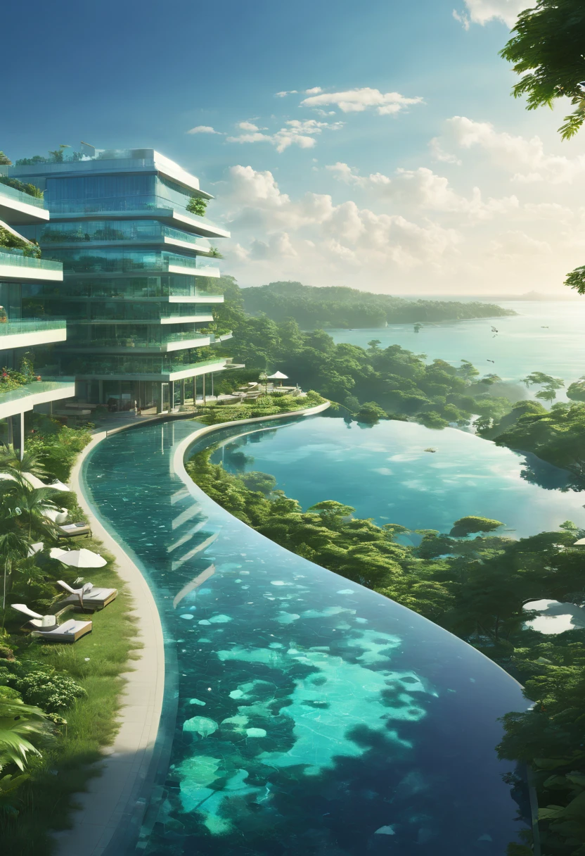 (art by makoto shinkai), ((modern, minimalism resort)), glass resort, fantastical, photography, bokeh, award-winning, where luminescent edifices seamlessly meld with nature's tapestry, offering resplendent vistas of crystalline aqua and verdant landscapes. A symphony of avant-garde design harmonizes with indigenous allure, creating an ethereal haven where guests revel in opulent tranquility, cocooned in the embrace of unparalleled luxury. Timeless sophistication meets cutting-edge innovation, as the resort beckons discerning travelers to an uncharted realm of sublime indulgence.