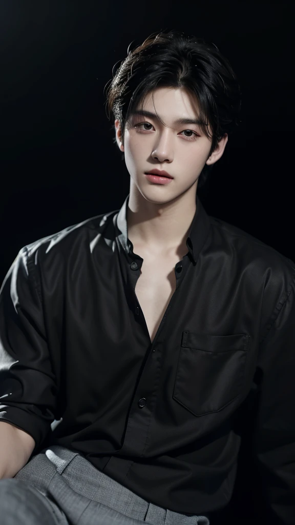 best quality, masterpiece, ultra high resolution, (realistic:1.4), RAW photos, young handsome man. black hair, (night city background:1.2). Short-haired man, there are people around. summer, Korean male idol style. Model style,