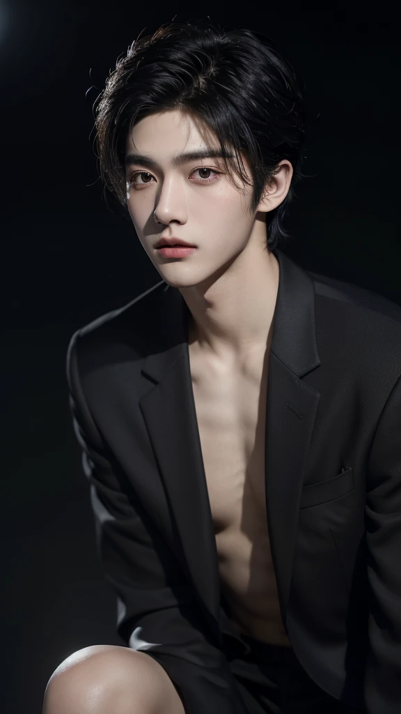 best quality, masterpiece, ultra high resolution, (realistic:1.4), RAW photos, young handsome man. black hair, (night city background:1.2). Short-haired man, there are people around. summer, Korean male idol style. Model style,