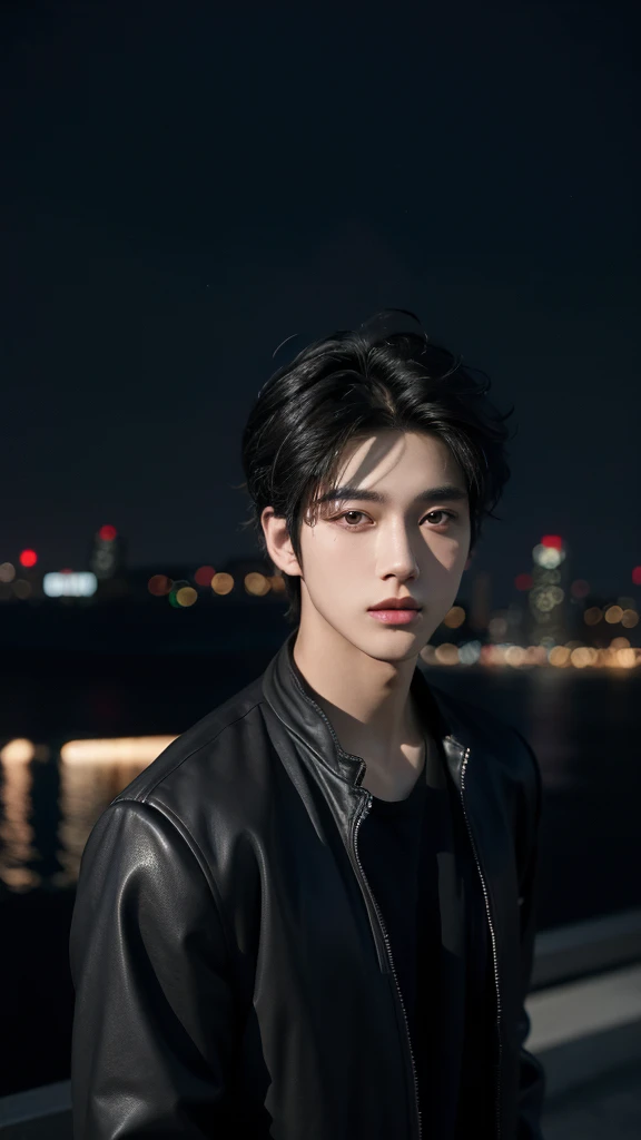 best quality, masterpiece, ultra high resolution, (realistic:1.4), RAW photos, young handsome man. black hair, (night city background:1.2). Short-haired man, there are people around. summer, Korean male idol style. Model style,