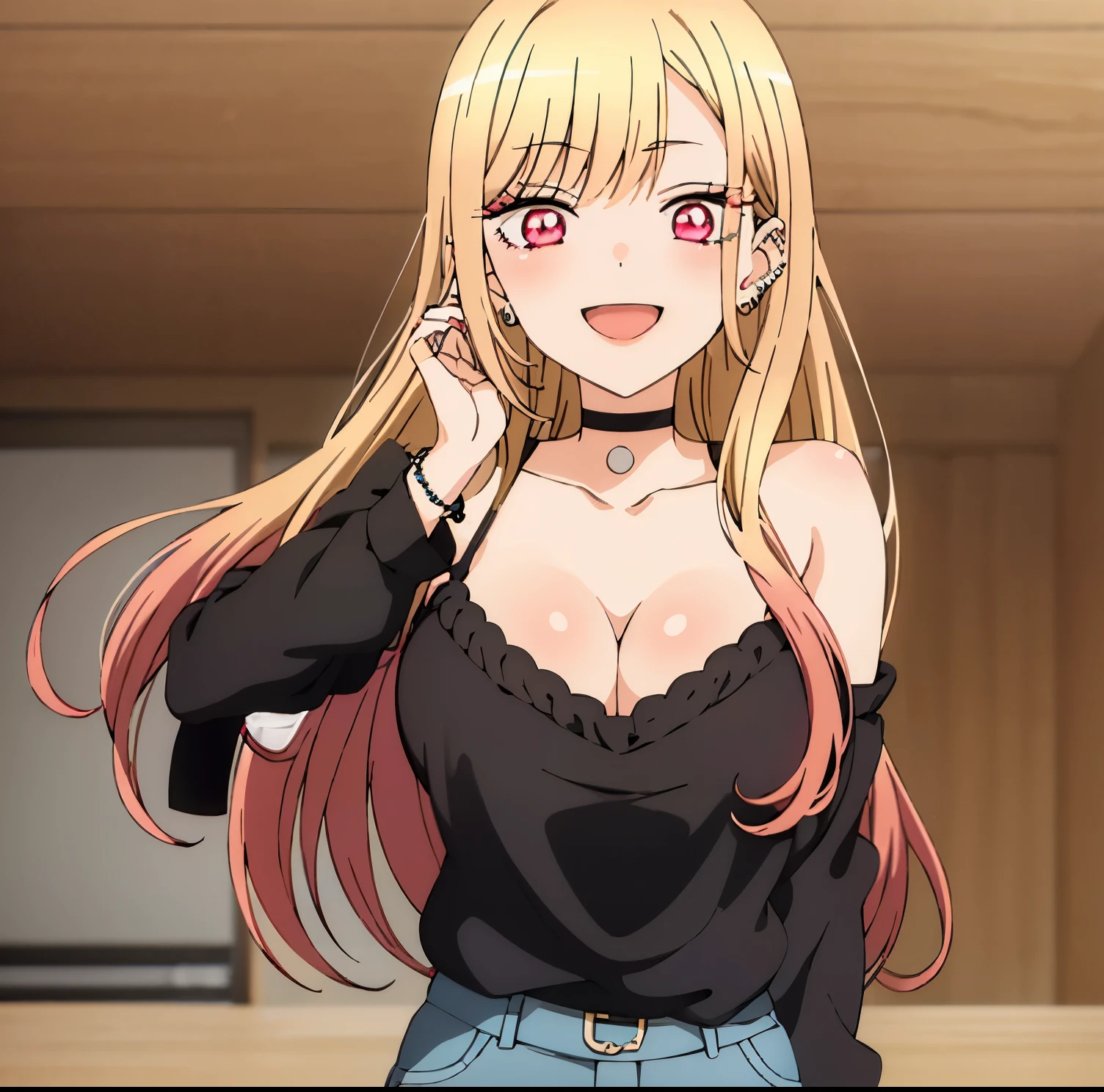 1girl, alone,Marin Kitagawa (extremely detailed CG unity 4k wallpaper),(masterpiece),(best quality),(ultra-detailed),(best illustration),(best shadow),(absurdres),(detailed background), Marin Kitagawa, 1girl, kitagawa marin, jewelry, breasts, blonde hair, solo, cleavage, ring, pants, piercing, long hair, bracelet, choker, jeans, fake nails, pink nails, shirt, earrings, v, denim, red eyes, looking at viewer, black shirt, ear piercing, open mouth, belt, smile, leaning forward, multicolored hair, nail polish, bead bracelet, beads, bangs, black choker, blush,big breasts, medium waist, wide hips, medium thighs, perfect hands, perfect anatomy