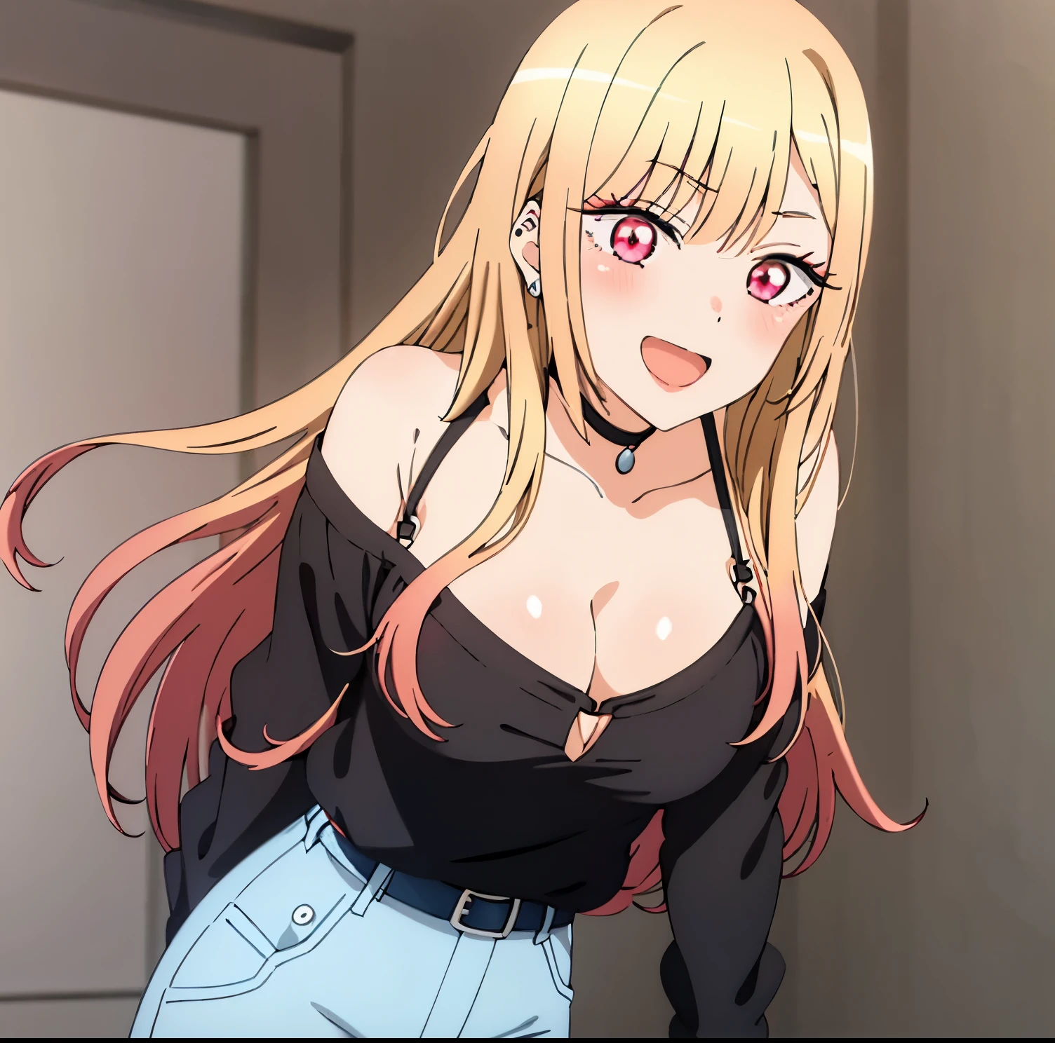 1girl, alone,Marin Kitagawa (extremely detailed CG unity 4k wallpaper),(masterpiece),(best quality),(ultra-detailed),(best illustration),(best shadow),(absurdres),(detailed background), Marin Kitagawa, 1girl, kitagawa marin, jewelry, breasts, blonde hair, solo, cleavage, ring, pants, piercing, long hair, bracelet, choker, jeans, fake nails, pink nails, shirt, earrings, v, denim, red eyes, looking at viewer, black shirt, ear piercing, open mouth, belt, smile, leaning forward, multicolored hair, nail polish, bead bracelet, beads, bangs, black choker, blush,big breasts, medium waist, wide hips, medium thighs, perfect hands, perfect anatomy