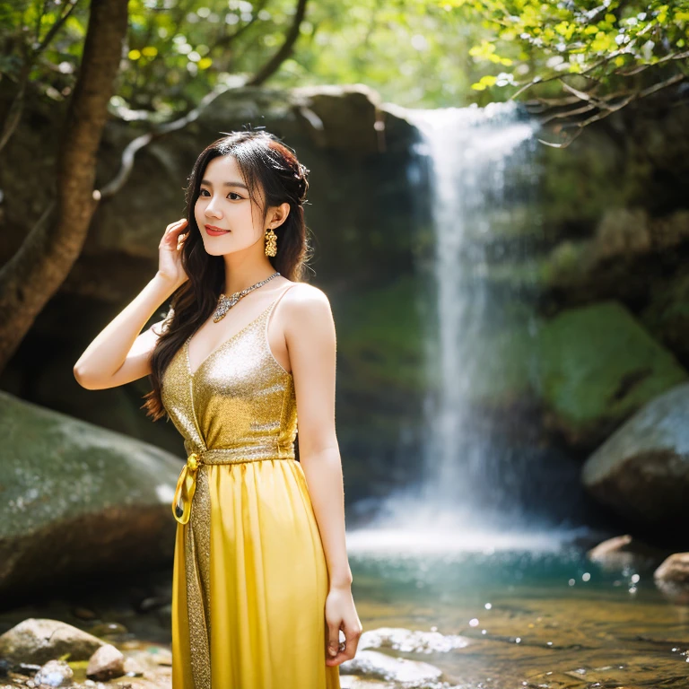 A young woman with long hair tied up in a bun, wearing a sparkling golden yellow Thai style, wearing sparkling diamond jewelry, stood at a tree, a waterfall, a stream, and pink flowers.