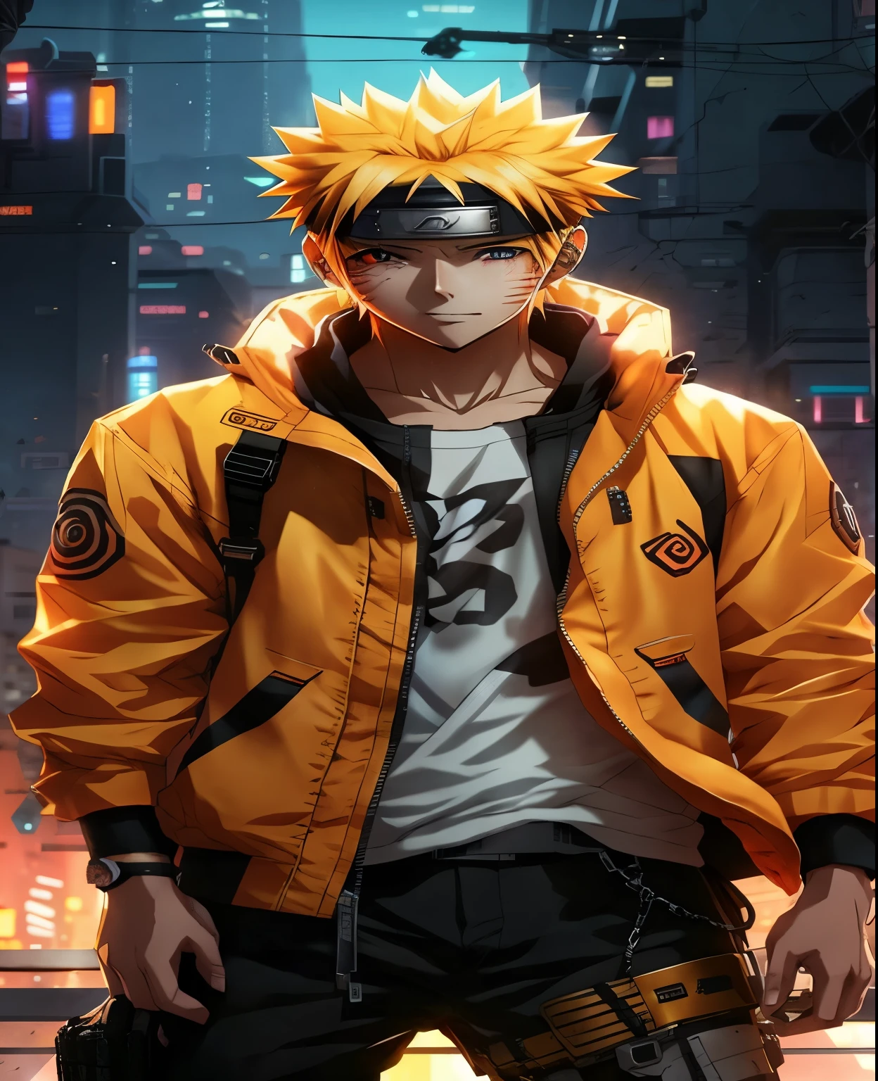 a man in a yellow jacket and black pants standing in front of a city, wearing cyberpunk 2 0 7 7 jacket, style anime, badass anime 8 k, anime style 4 k, anime character, male anime character, realistic anime 3 d style, orange jacket, cyberpunk streetwear, anime style. 8k, anime style character, wearing cyberpunk streetwear, male anime style but in this image naruto was female character and so beautiful like the cute girl but she was a agent and so detail character