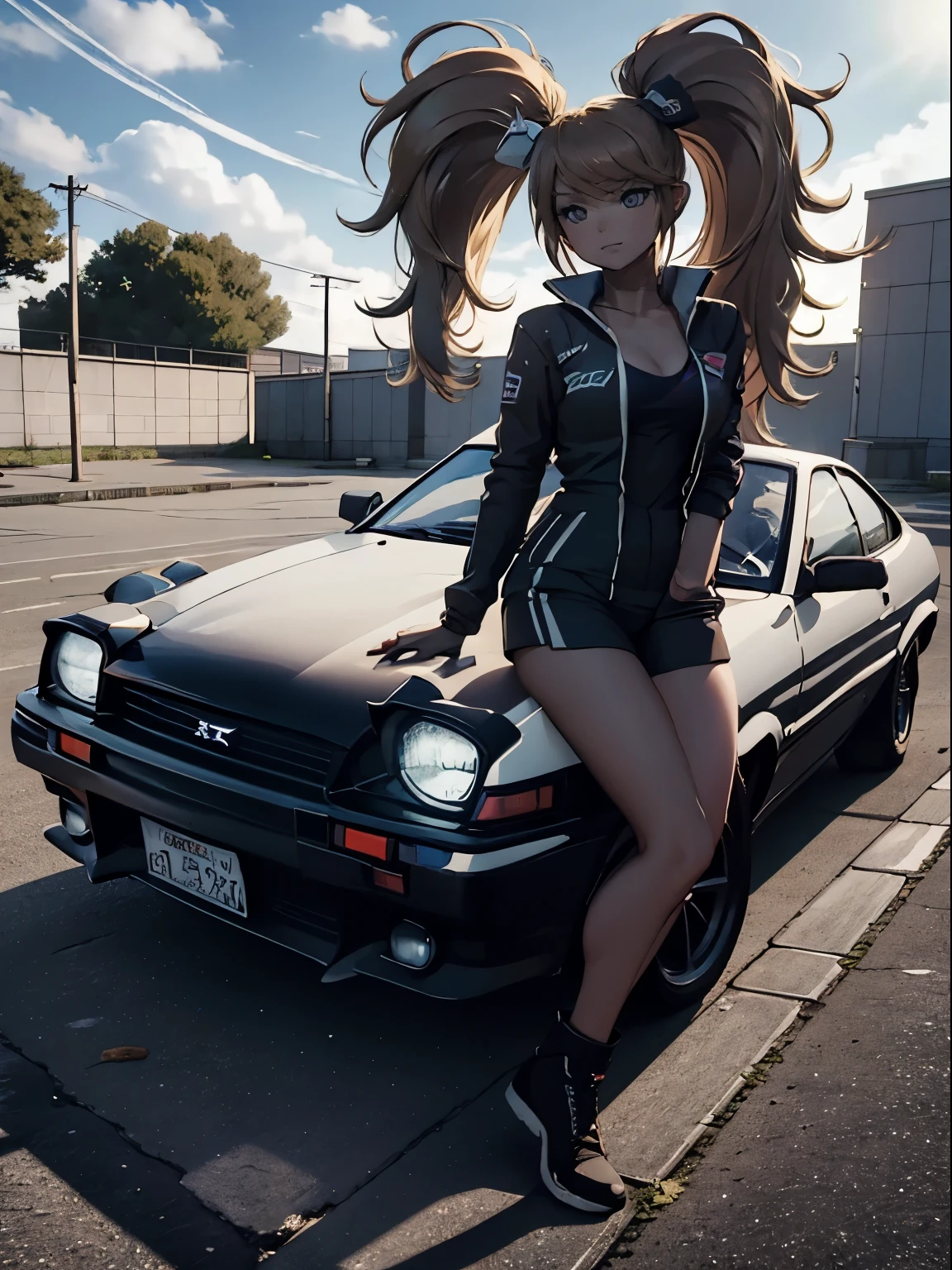 16K, HDR, ray tracing, RTX, ultra realistic, highres, wide angle shot, best quality, masterpiece, full body image, (perfect anatomy ), a sexy girl for a photograph sitting on a nissan 300zx hood, wearing short sexy green track suit, big , long brown hair, ponytail, bangs, happy chuckle, brown eyes, sexy body, looking at the camera, day time, blue sky, clouds, anime style, japan village, outdoors, trending on artstation, WLOP, sakimichan, award wining, great composition, perfect, great lighting, car girl, 1car, sitting on car hood, 