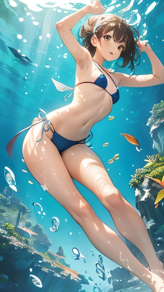 high resolution, 1girl, in the sea, Young girl, (young face)、An excited expression、light brown hair、delicate body、perfect hands、(soft thighs)、perfect feet、small breasts, Colorful Micro Bikini、Snorkeling、Swim with colorful fish、very clear sea、sunlight shines in、Glitter、In the sea、((Stretch your legs and swim gracefully))、((angle from below))