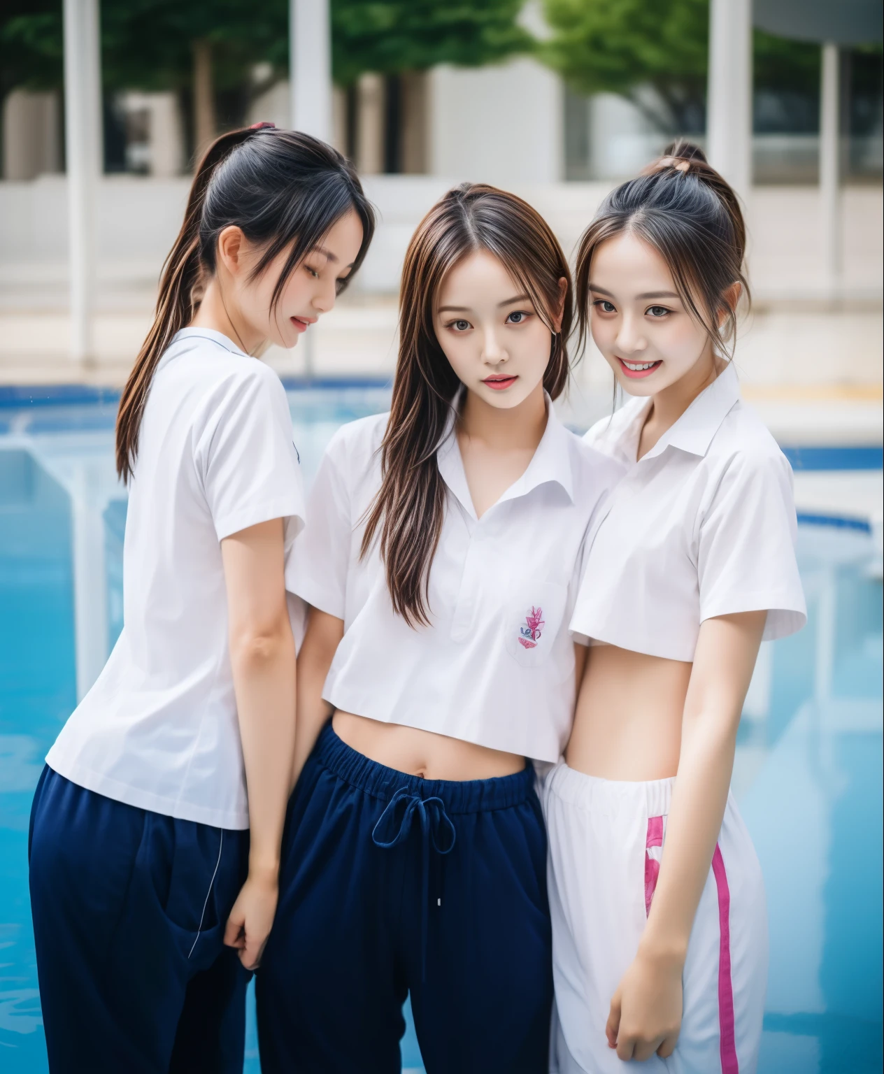 3 girls in the swimming pool, Navy blue short-sleeved shirt,Navy Long Trackpant,Sweatpants, Sweatpantsขายาว,25 year old girl, lesbian, sexy, exercise clothes, wet body, exercise clothes