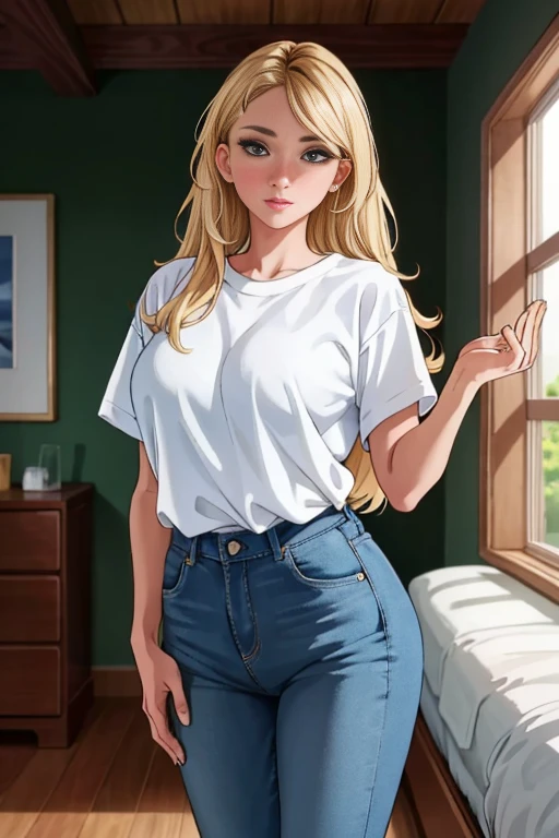 (masterpiece:1.2, best quality:1.2, beautiful:1.1, high quality, 4k:1.1, aesthetic), detailed, extremely detailed, ambient soft lighting, flawless, hires, 1girl, big breasts, solo, t-shirt, jeans, blonde hair, long hair, black eyes, park, 