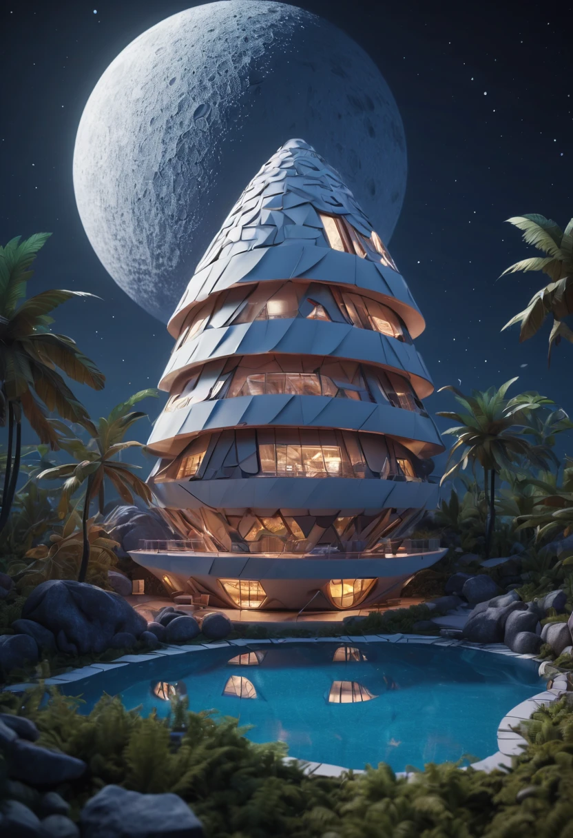 (best quality,4k,8k,highres,masterpiece:1.2),ultra-detailed, A capsuled modern hi-fi hotel-resort in the moon, zentangle, origami, cinematic, 3d crunch, by my self...lol