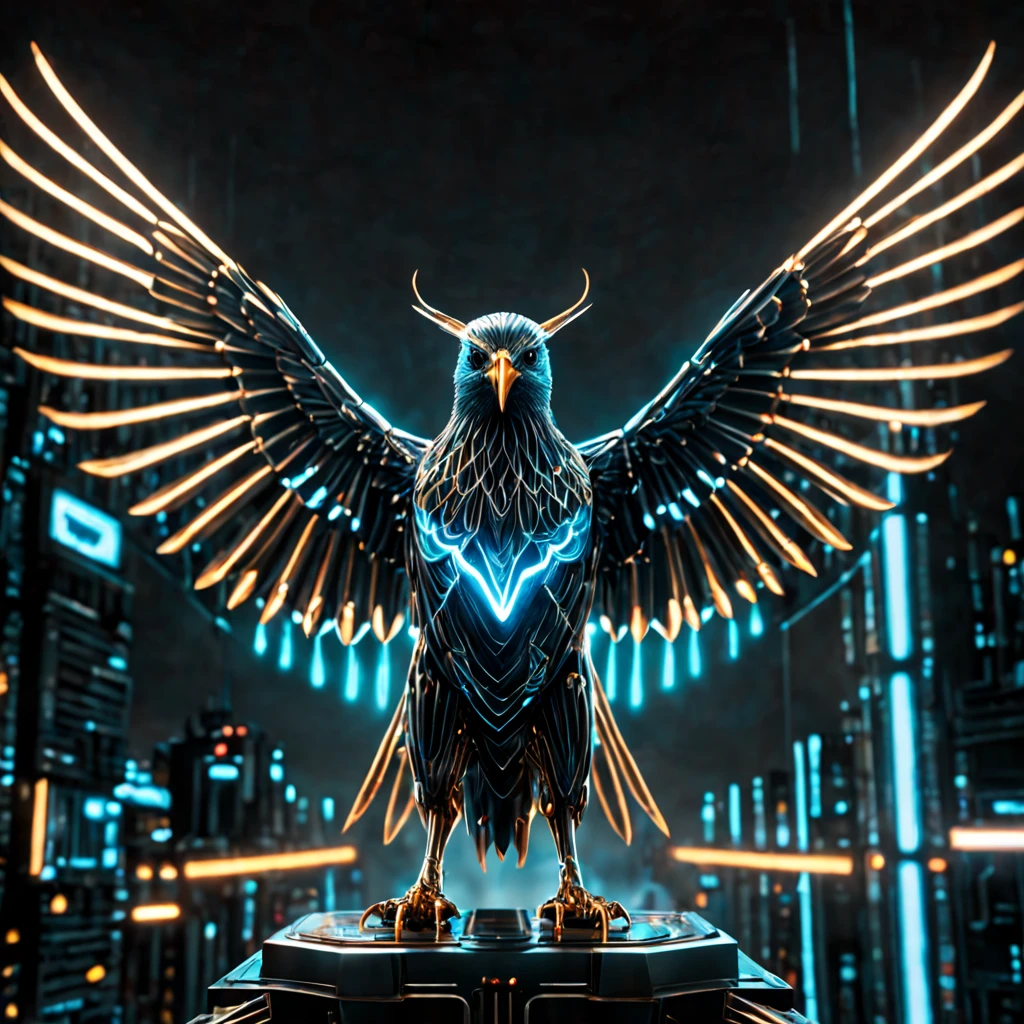 (((One starling bird))) sleek (aerodynamic). The ray-traced ((shiny metallic)) photo-realistic bird in ((cool colors)) spreads two large wings to fly with open beak, ((symmetrical tail fanned)) out. The background is a dark neon futuristic city or mountains. Circuit traces everywhere, circuitry on the cyborg bird's head, and plasma stream trails. The bird is robotic, shiny metal body panels, with cables, ((two large talons)) reach forward to grab something. Illuminated symmetrical bird wings, cyan-blue between panels. The sky and clouds contrasts of light and dark, dark moonlit night. Full body and wings are in-frame.