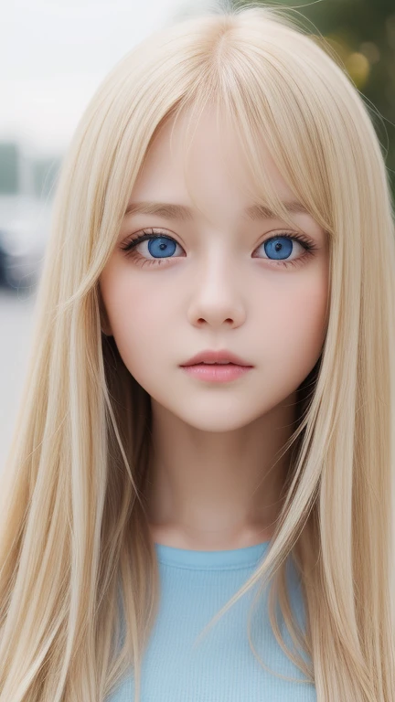 very beautiful face、Beautiful, extremely long blonde hair dancing in the strong wind、Bangs swaying between eyes、12 year old cute bright blue big eyed blonde girl、very big eyes、hair above eyes、片hair above eyes、hair between eyes、small face beautiful girl、cheek gloss highlight、Extremely pure white skin