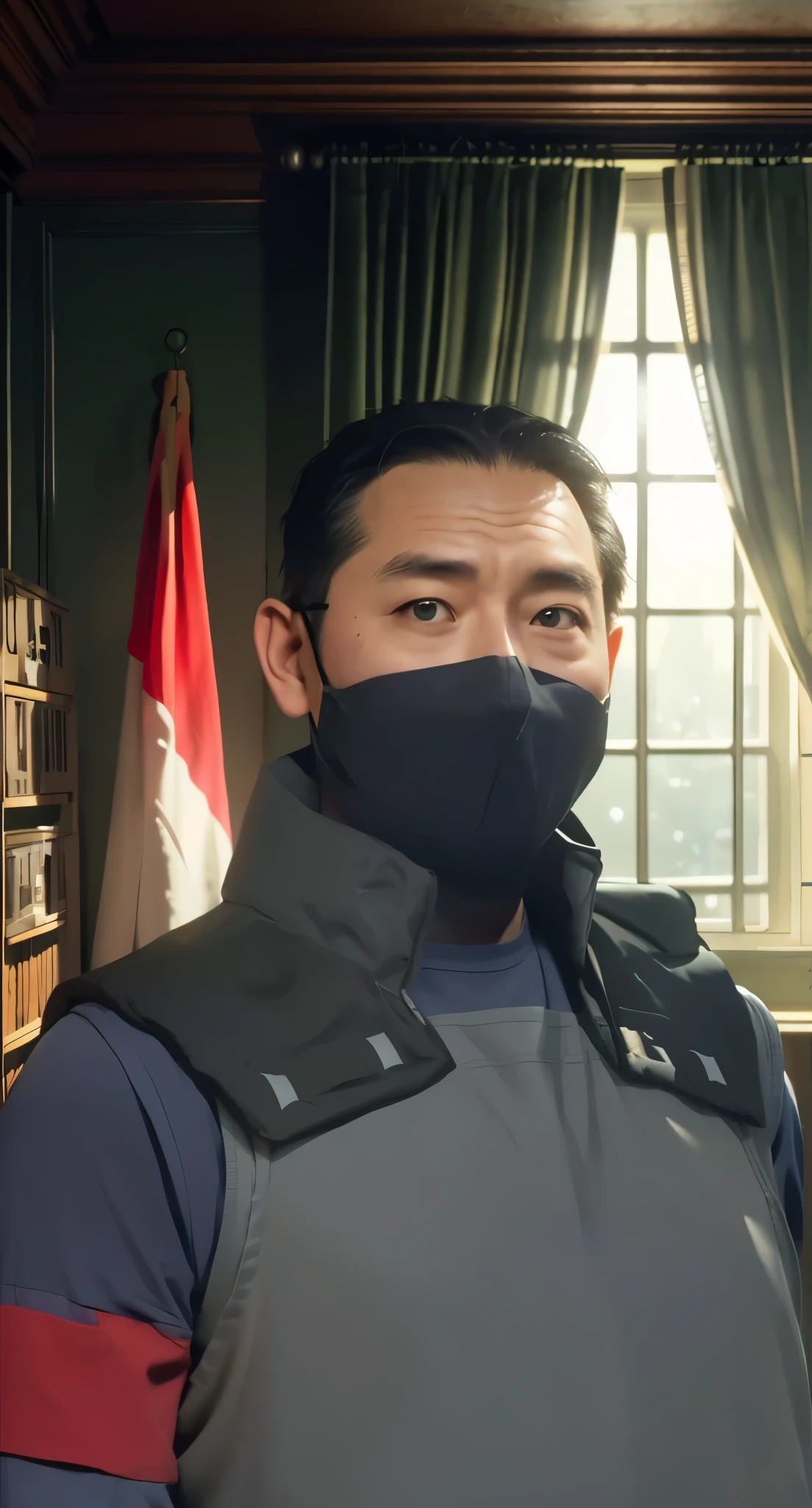 Real life adaption of this character, adult man,wear realistic same outfit, wear realistic mask,wear same vest, realistic same background,realism, hyper realistic, realistic light, realistic shadow,(photorealistic 1:2)