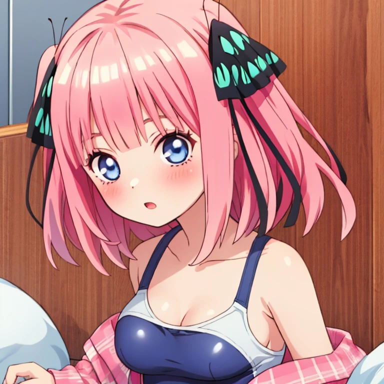 masterpiece, best quality, ultra detailed, best illustration, nsfw, 1girl, one-piece swimsuit, nakano nino, pink hair, butterfly hair ornament, nipple, nude, pussy, love juice