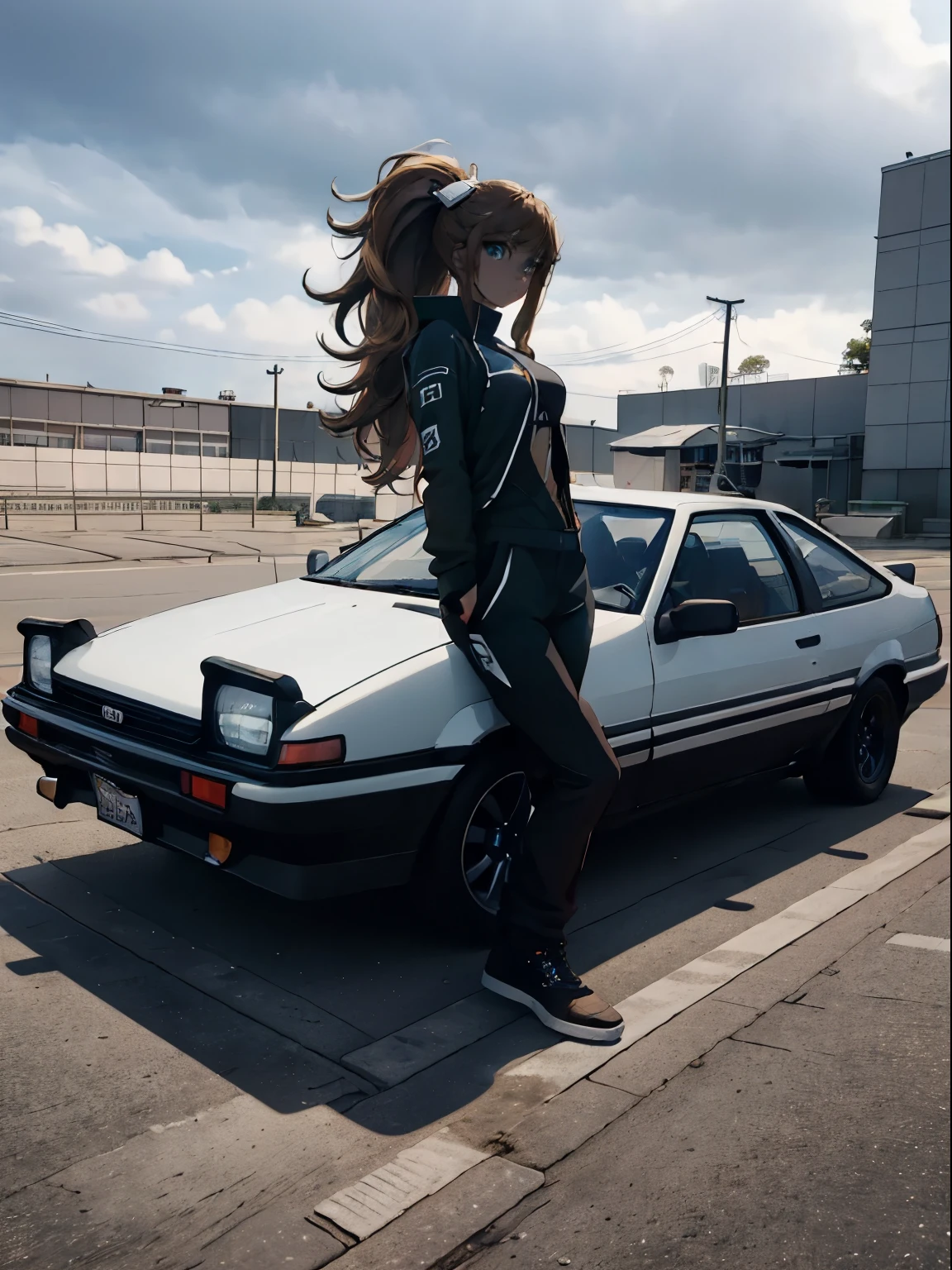 16K, HDR, ray tracing, RTX, ultra realistic, highres, wide angle shot, best quality, masterpiece, full body image, (perfect anatomy ), a sexy girl for a photograph sitting on a toyota AE86, wearing short sexy green track suit, big , long brown hair, ponytail, bangs, happy chuckle, blue eyes, sexy body, looking at the camera, day time, blue sky, clouds, anime style, japan village, outdoors, trending on artstation, WLOP, sakimichan, award wining, great composition, perfect, great lighting, car girl, 1car, sitting on car hood, 