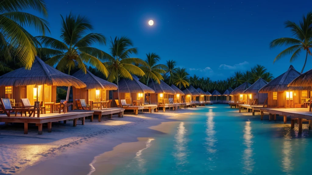 beach resort, hut homes, clear blue water, moonlight in background, nobody on beach, sandy beach with beach umbrellas