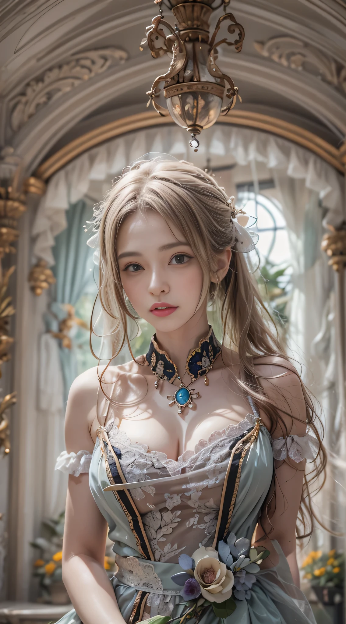 （8K， RAW photos， best qualtiy， tmasterpiece：1.2），（realisticlying， photograph realistic：1.4)
Lolita costume，Lace， Aerith Gainsborough， The upper part of the body， undergarments，exposed bare shoulders， do lado de fora， Old castle， high high quality， Adobe Lightroom， highdetailskin， looking at viewert，