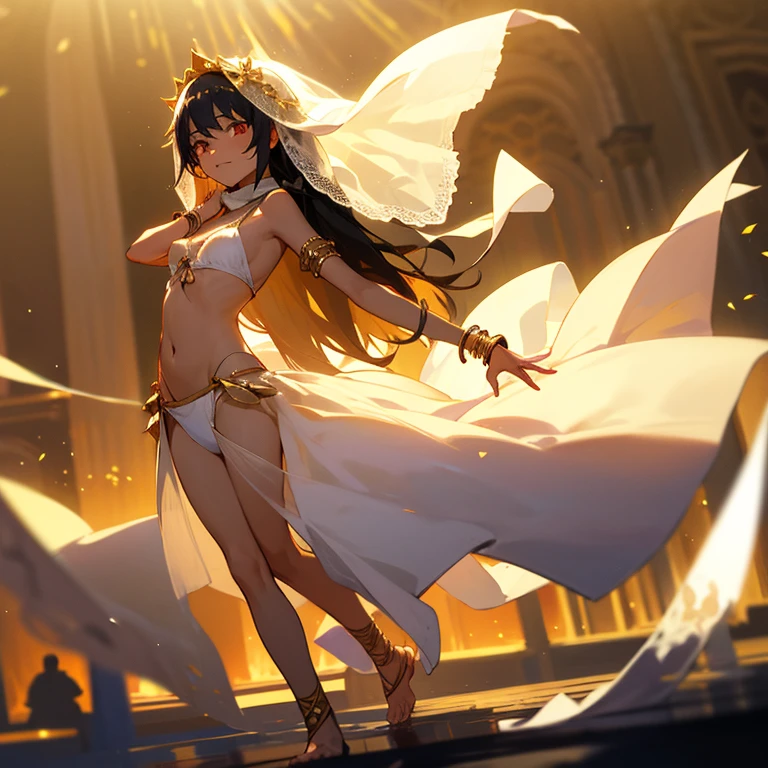 、harem、Young girl dancing wearing a white bikini、long black hair、wheat-colored skin、barefoot、anklet、bracelet、palace、lots of western lights、scarf、gypsy、Loma、(thin cloth face veil:1.4)