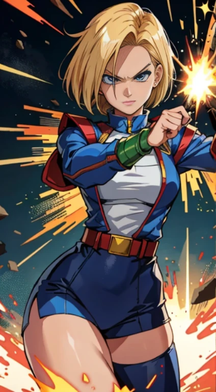 "Android 18 unleashes her immense power, Produce awesome, Destructive energy explosion."