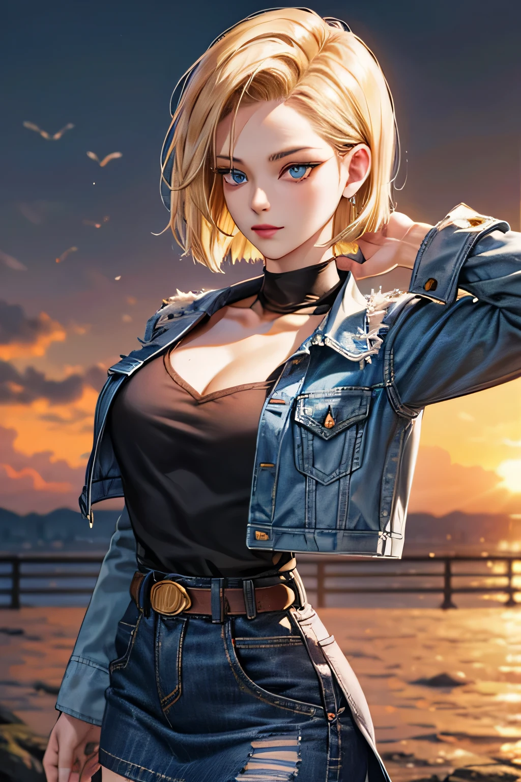 android 18, android 18, blonde hair, blue eyes, eyelash, hoop earrings, short hair, earrings, break belt, black legwear, black shirt, breast pocket, cleavage, clavicle, denim, denim skirt, high-waist skirt, jewelry, long sleeve, pocket, shirt, shirt tucked in, skirt, striped, striped sleeves, waistcoat,, break outdoors, city, null, cloud, sun, break looking at viewer, (cowboy shot:1.5), break (masterpiece:1.2), highest quality, High resolution, unity 8k wallpaper, (shape:0.8), (beautiful and detailed eyes:1.6), highly detailed face, perfect lighting, Very detailed CG, (perfect hands, perfect anatomy)