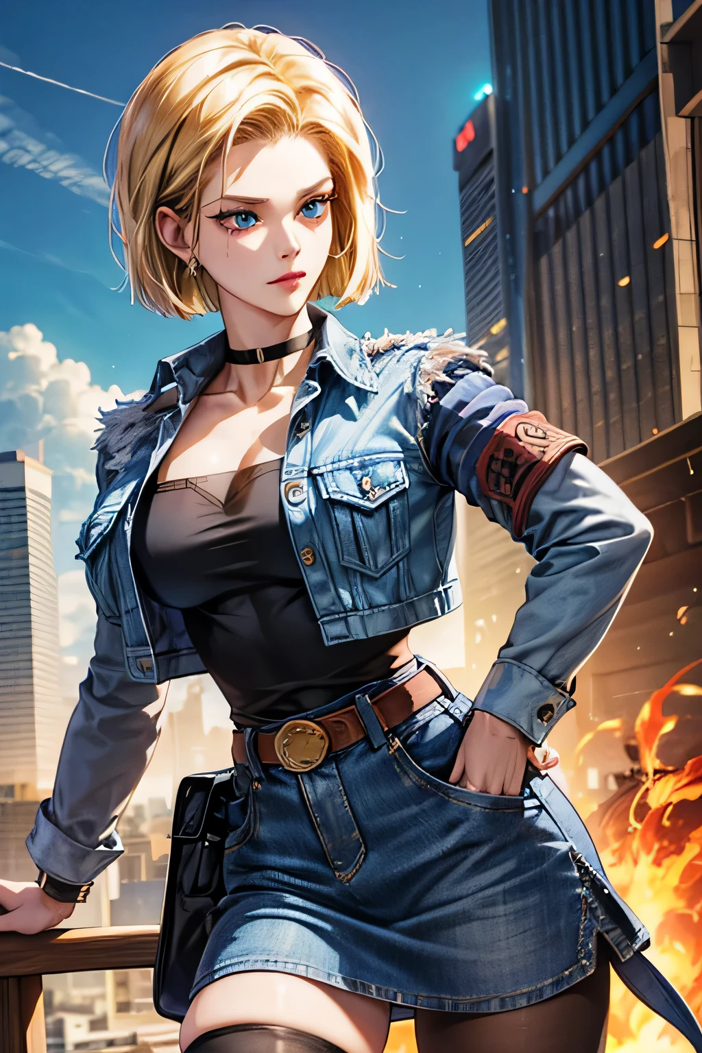 android 18, android 18, blonde hair, blue eyes, eyelash, hoop earrings, short hair, earrings, break belt, black legwear, black shirt, breast pocket, cleavage, clavicle, denim, denim skirt, high-waist skirt, jewelry, long sleeve, pocket, shirt, shirt tucked in, skirt, striped, striped sleeves, waistcoat,, break outdoors, city, null, cloud, sun, break looking at viewer, (cowboy shot:1.5), break (masterpiece:1.2), highest quality, High resolution, unity 8k wallpaper, (shape:0.8), (beautiful and detailed eyes:1.6), highly detailed face, perfect lighting, Very detailed CG, (perfect hands, perfect )