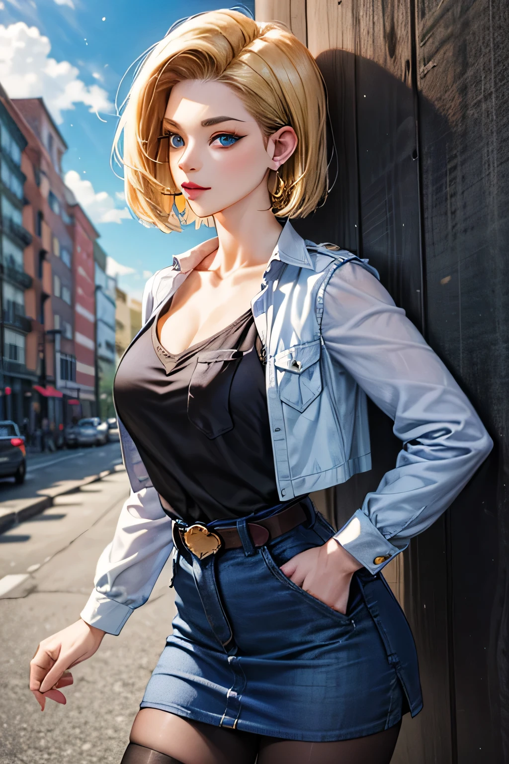android 18, android 18, blonde hair, blue eyes, eyelash, hoop earrings, short hair, earrings, break belt, black legwear, black shirt, breast pocket, cleavage, clavicle, denim, denim skirt, high-waist skirt, jewelry, long sleeve, pocket, shirt, shirt tucked in, skirt, striped, striped sleeves, waistcoat,, break outdoors, city, null, cloud, sun, break looking at viewer, (cowboy shot:1.5), break (masterpiece:1.2), highest quality, High resolution, unity 8k wallpaper, (shape:0.8), (beautiful and detailed eyes:1.6), highly detailed face, perfect lighting, Very detailed CG, (perfect hands, perfect anatomy)