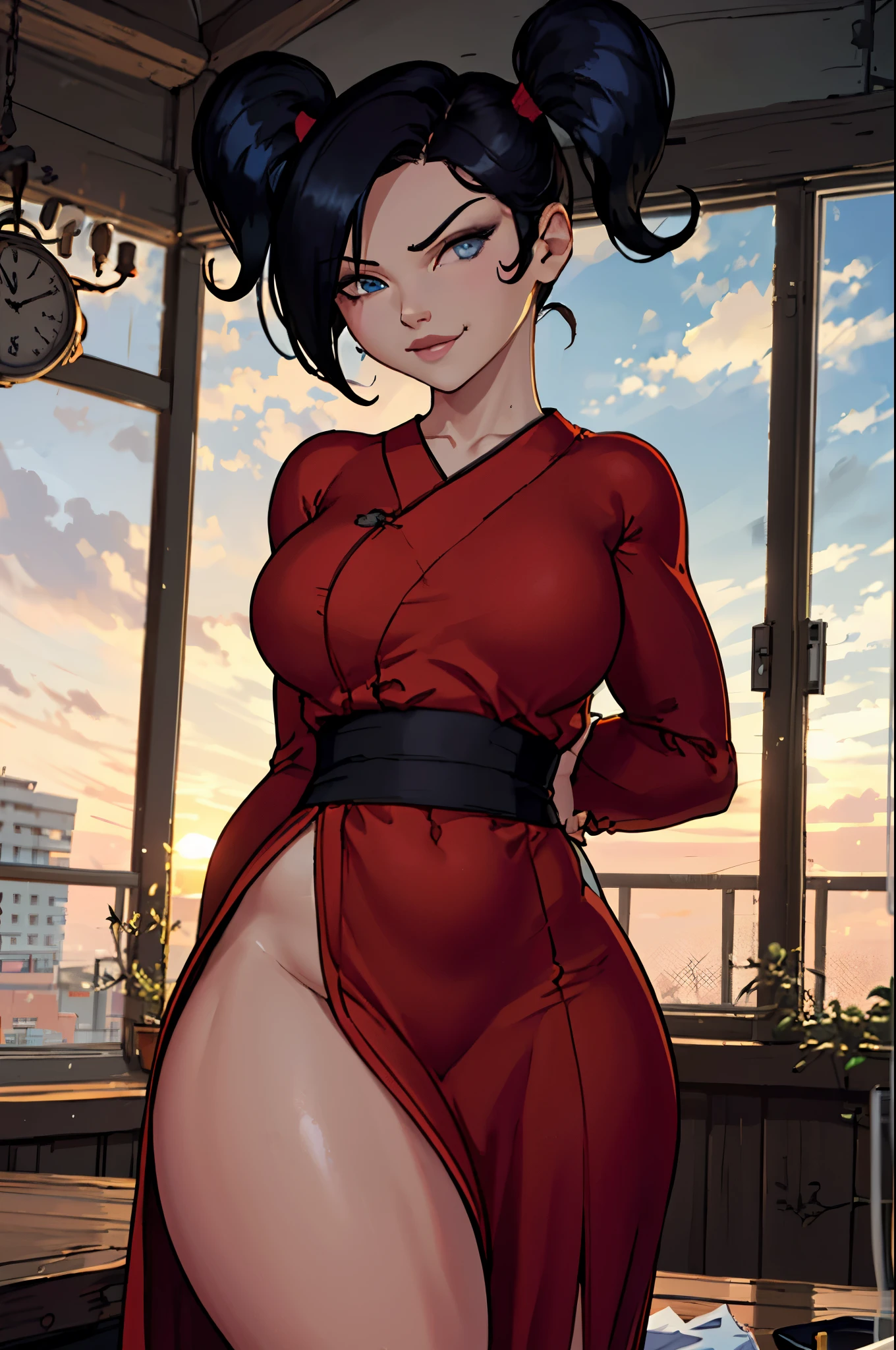 8k cg， dramatics， Ray traching， hdr：1.2）， （best qualtiy）， fanciful， atmospurate， extremely detaile， iintricate， Hyper-detailing， glaring lights， （mirror lighting： 1.4）, kimiko, 1girl, black hair, twintails, solo, blue eyes, dress, red dress, long sleeves, smile, upper body,standing, looking at viewer,  arms behind back,   thick thighs, sunset, huge ass, pure, beautiful, plump body, slightly muscular, plump, wide hips, massive thighs, facing viewer, asian
