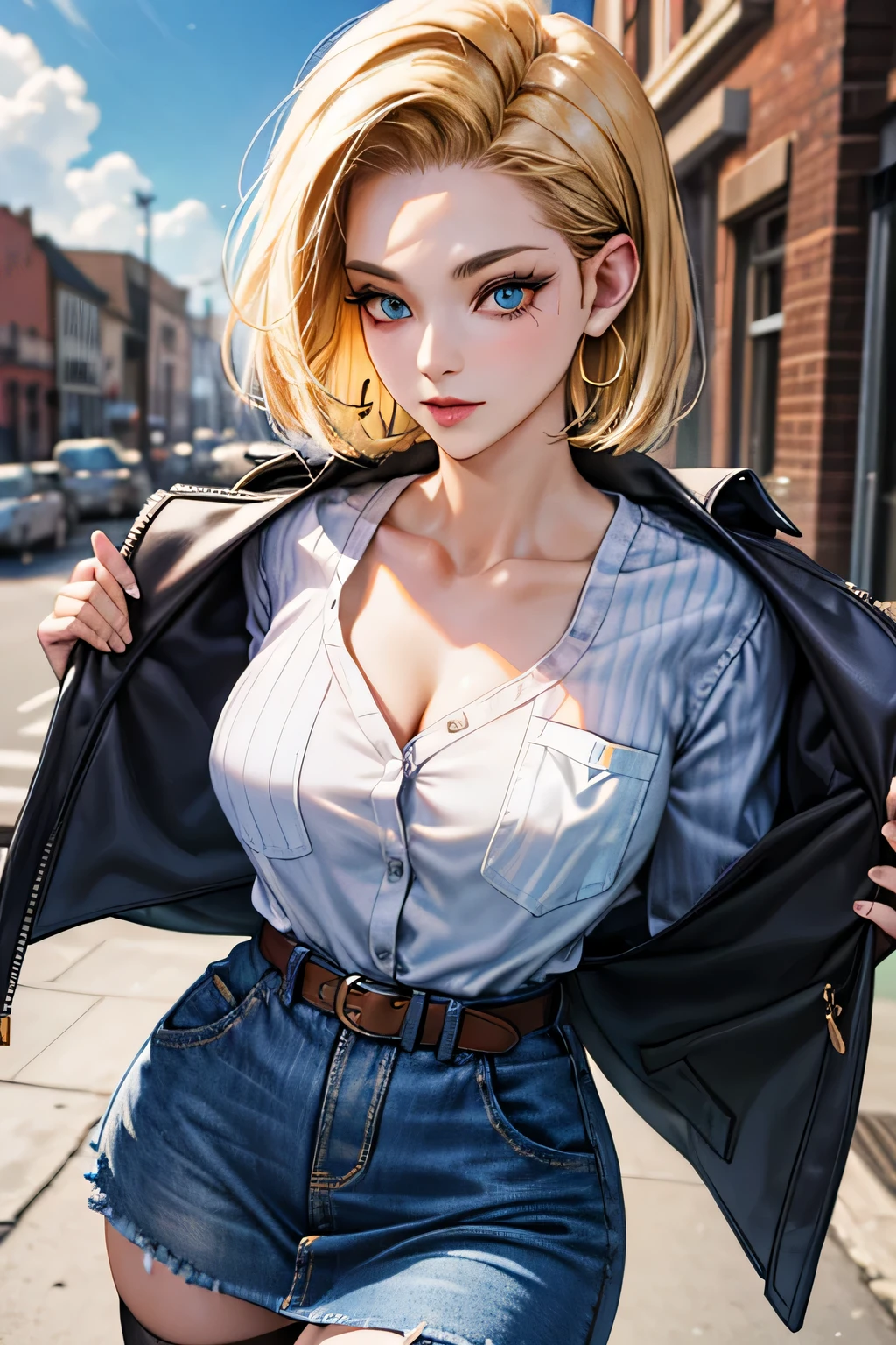 android 18, android 18, blonde hair, blue eyes, eyelash, hoop earrings, short hair, earrings, break belt, black legwear, black shirt, breast pocket, cleavage, clavicle, denim, denim skirt, high-waist skirt, jewelry, long sleeve, pocket, shirt, shirt tucked in, skirt, striped, striped sleeves, waistcoat,, break outdoors, city, null, cloud, sun, break looking at viewer, (cowboy shot:1.5), break (masterpiece:1.2), highest quality, High resolution, unity 8k wallpaper, (shape:0.8), (beautiful and detailed eyes:1.6), highly detailed face, perfect lighting, Very detailed CG, (perfect hands, perfect anatomy)