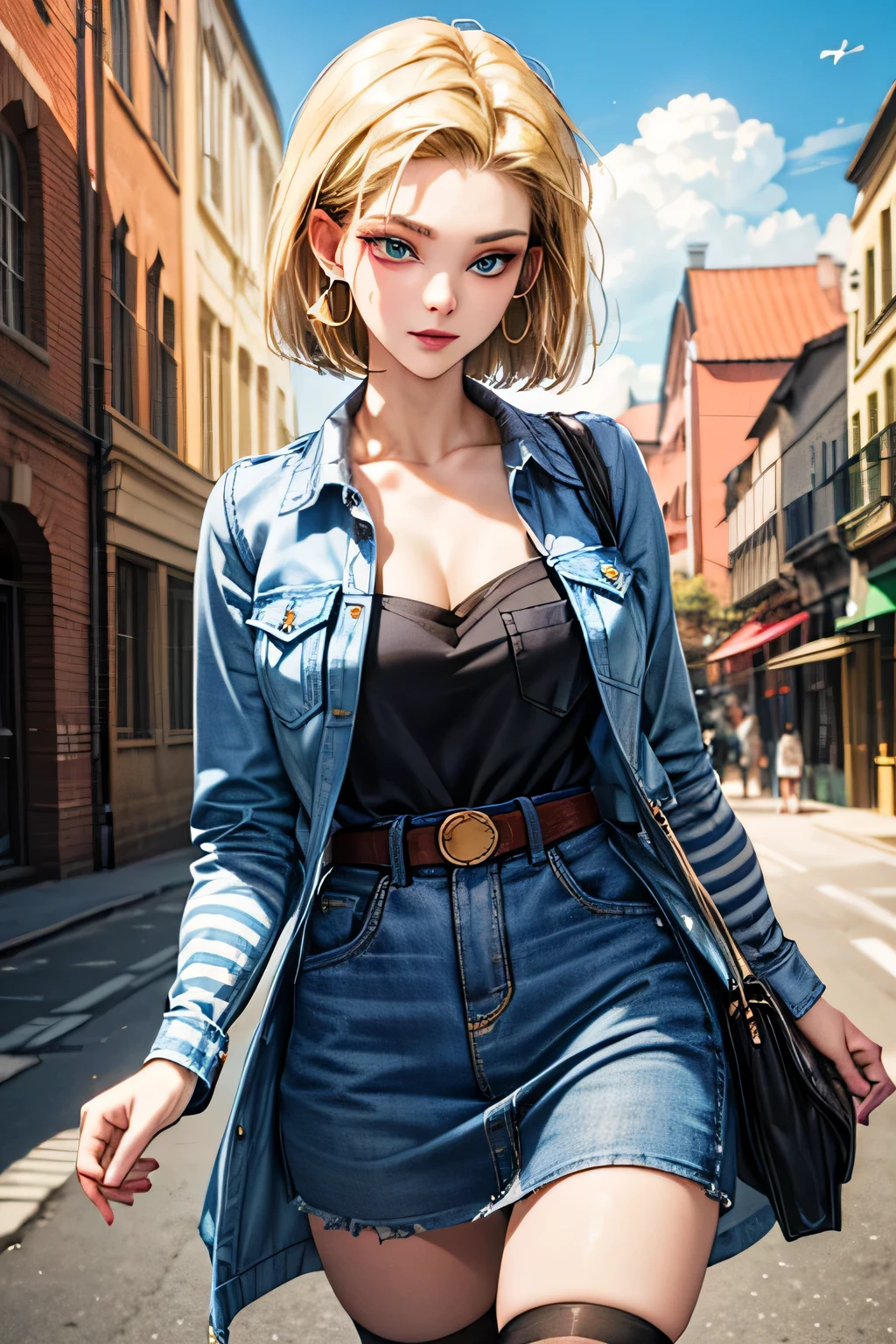 android 18, android 18, blonde hair, blue eyes, eyelash, hoop earrings, short hair, earrings, break belt, black legwear, black shirt, breast pocket, cleavage, clavicle, denim, denim skirt, high-waist skirt, jewelry, long sleeve, pocket, shirt, shirt tucked in, skirt, striped, striped sleeves, waistcoat,, break outdoors, city, null, cloud, sun, break looking at viewer, (cowboy shot:1.5), break (masterpiece:1.2), highest quality, High resolution, unity 8k wallpaper, (shape:0.8), (beautiful and detailed eyes:1.6), highly detailed face, perfect lighting, Very detailed CG, (perfect hands, perfect anatomy)