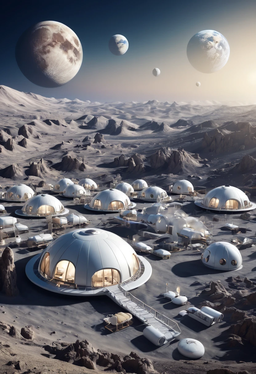 capsuled resort in the moon, we can see the planet earth in the background of the photo