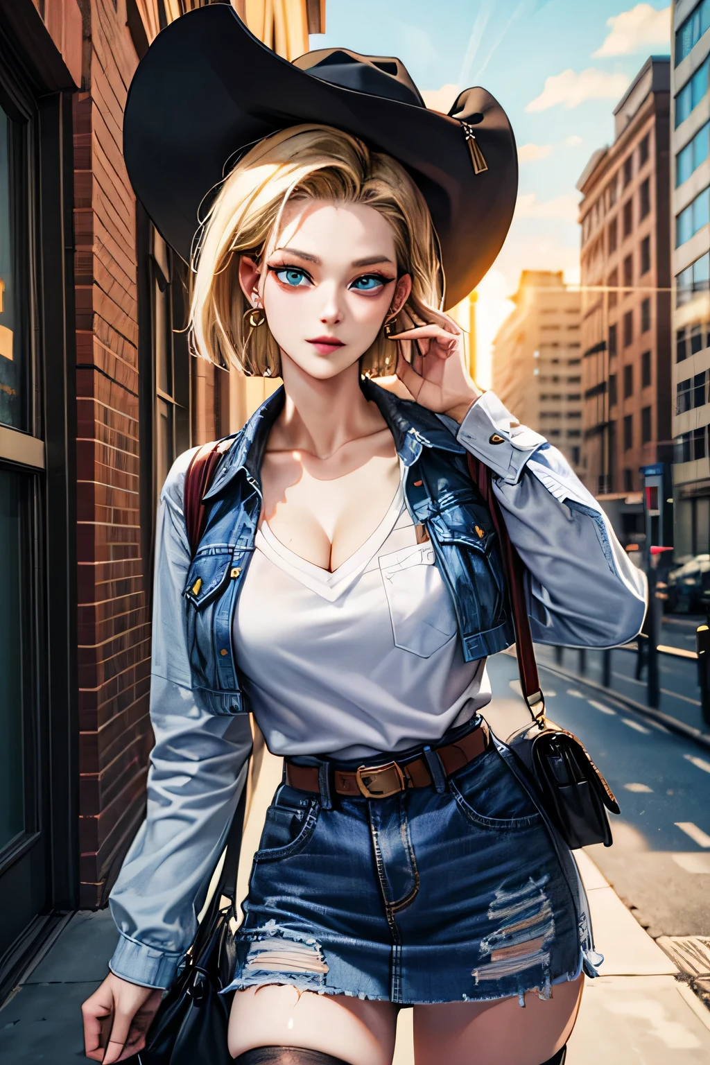 android 18, android 18, blonde hair, blue eyes, eyelash, hoop earrings, short hair, earrings, break belt, black legwear, black shirt, breast pocket, cleavage, clavicle, denim, denim skirt, high-waist skirt, jewelry, long sleeve, pocket, shirt, shirt tucked in, skirt, striped, striped sleeves, waistcoat,, break outdoors, city, null, cloud, sun, break looking at viewer, (cowboy shot:1.5), break (masterpiece:1.2), highest quality, High resolution, unity 8k wallpaper, (shape:0.8), (beautiful and detailed eyes:1.6), highly detailed face, perfect lighting, Very detailed CG, (perfect hands, perfect anatomy)