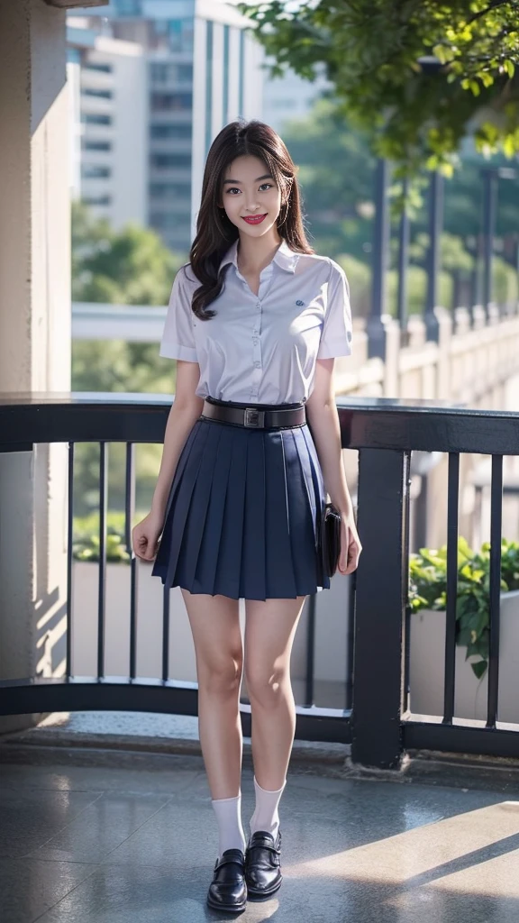 highest resolution, 8K, high definition, (((long hair))), ((beautiful girl, Half Thai-Japanese-Korean, Age 18-25 years, Height 173 centimeters)), (((stand, walk))) , (((Beautiful face, แต่งBeautiful face, Double eyelids, red lips, Smile at the corners of your mouth., Beautiful eyes))), ((beautiful woman, Real figure)), ((Short-sleeved shirt, Thin white shirt, collar shirt)), ((Name embroidered in blue letters on the right chest of the shirt. "Pornpitak" Rungruang Apiwatsakul")), ((สัญลักษณ์โลโก้schoolที่อกซ้าย)), ((six-pleated skirt, long skirt, dark blue)), ((six-pleated skirtสีกรมท่า, There is a women&#39;s belt.)), ((Huge breasts, Breast augmentation, Full chest, Big breasts)), ((Symmetrical figure, Sexy Body)), ((Thin body, Slim figure, small waist)), ((black  shoes, Short white socks)), ((apple watch watch, The Birkin Bag)), (((Full body, look at every part of the body))), ((background, balcony, building, school, building))